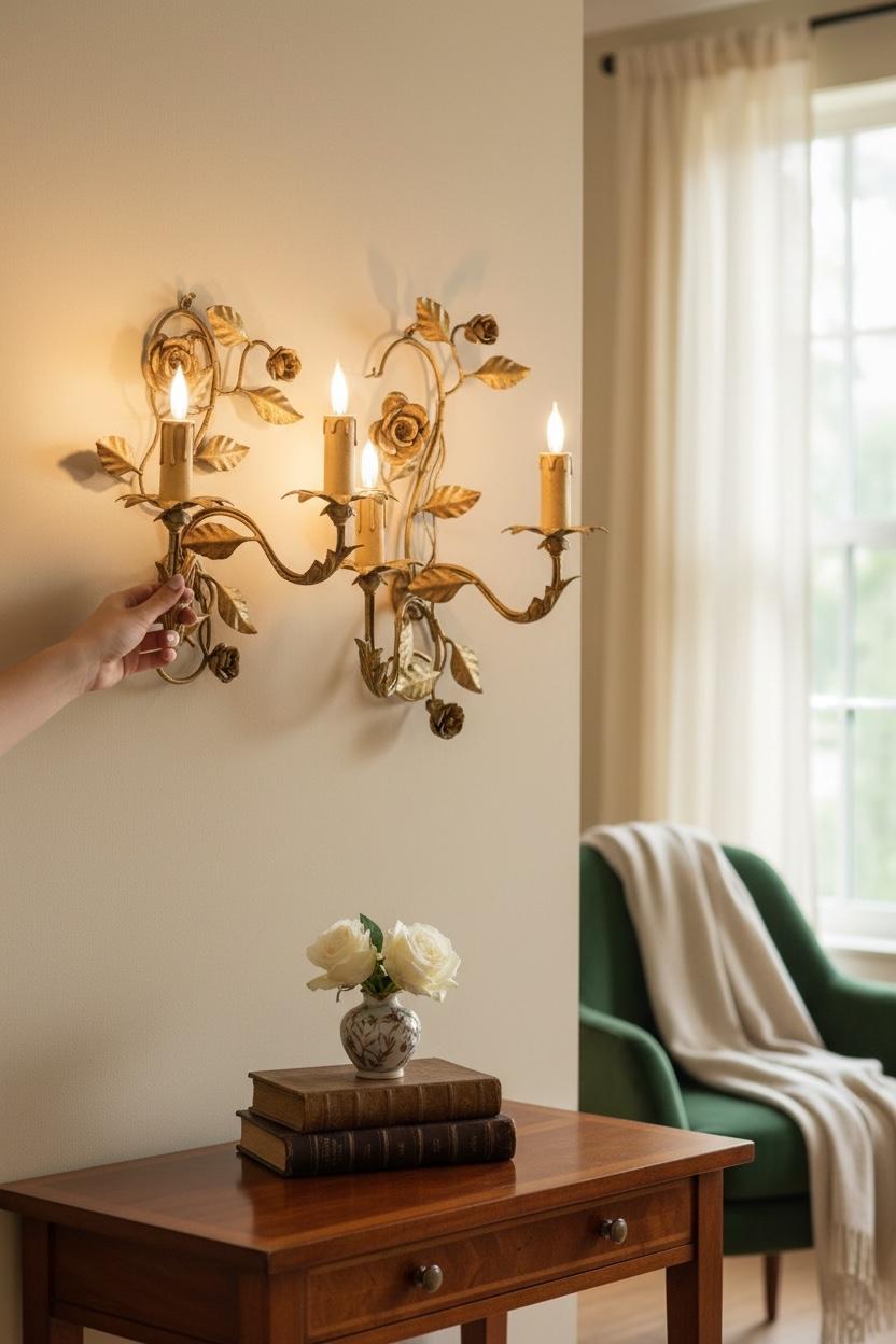 Paire d'appliques Tole à deux lumières en métal doré avec des roses, Italie, années 1960 en vente 8