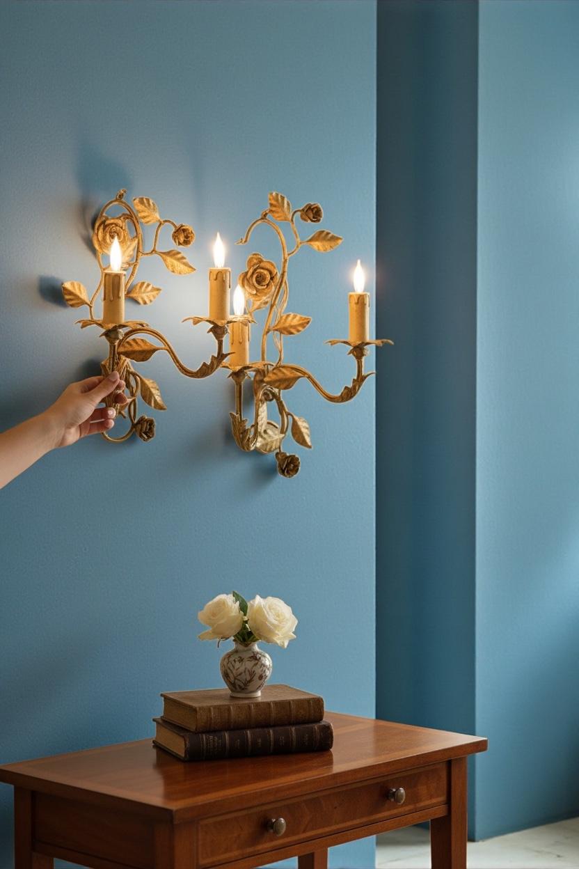 Paire d'appliques Tole à deux lumières en métal doré avec des roses, Italie, années 1960 en vente 9