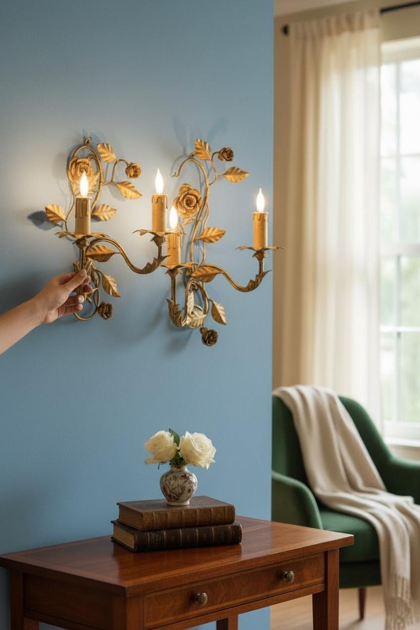 Paire d'appliques Tole à deux lumières en métal doré avec des roses, Italie, années 1960 en vente 10