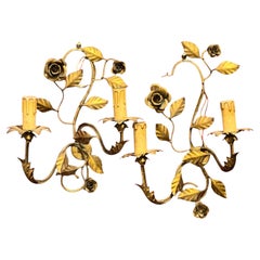 Pair of Two-Light Tole Sconces Gilt Metal with Roses, Italy, 1960s