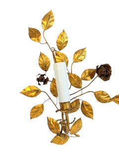 Hollywood Regency Gilt-Tole Rose Sconces, Sculpted Metal, Italy, 1960s