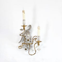 Pair of two-light wall lights with parrot motifs in gilt iron and glass