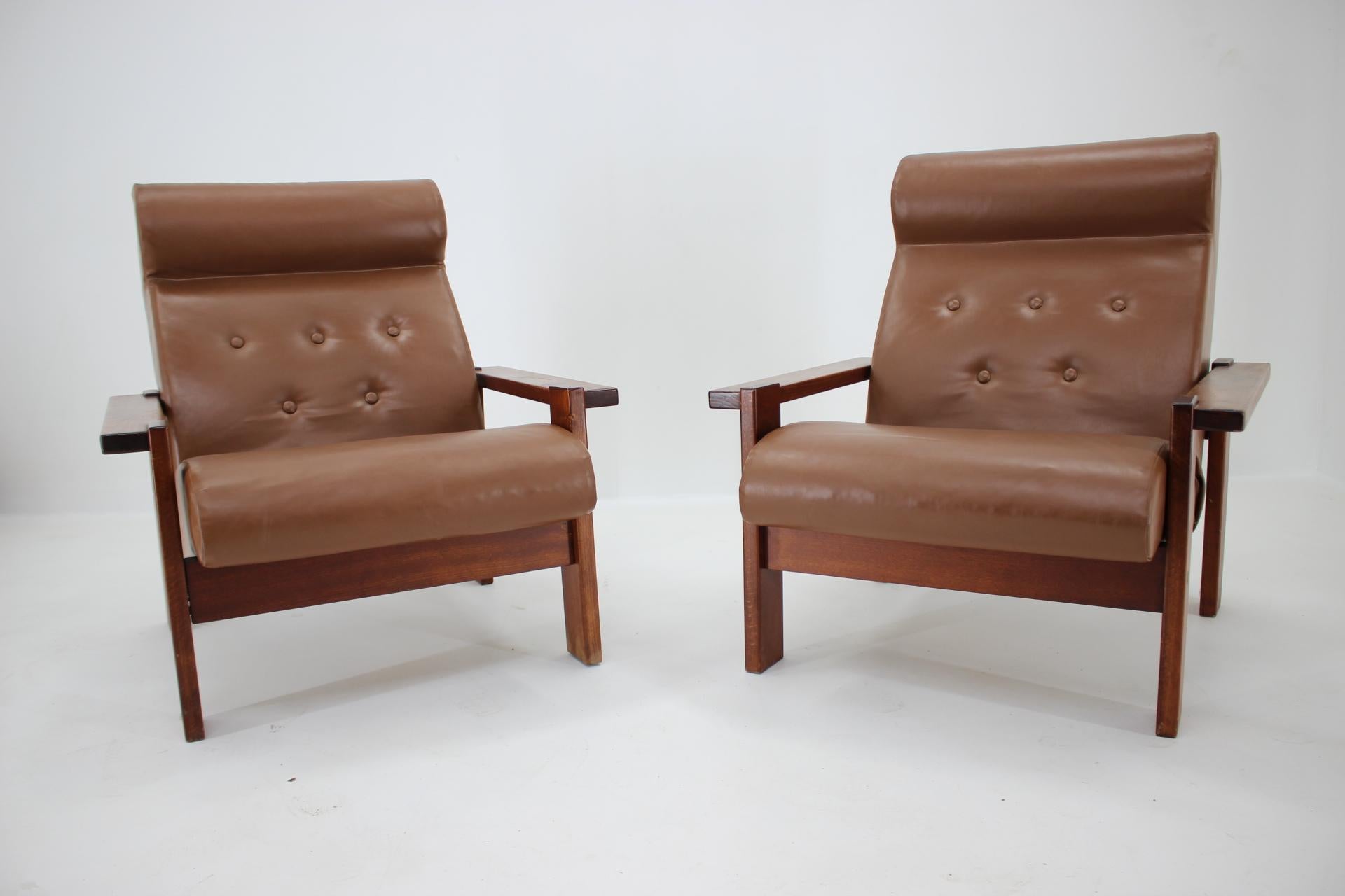 Mid-Century Modern Pair of Two Midcentury Leather Armchairs or Czechoslovakia, 1970s