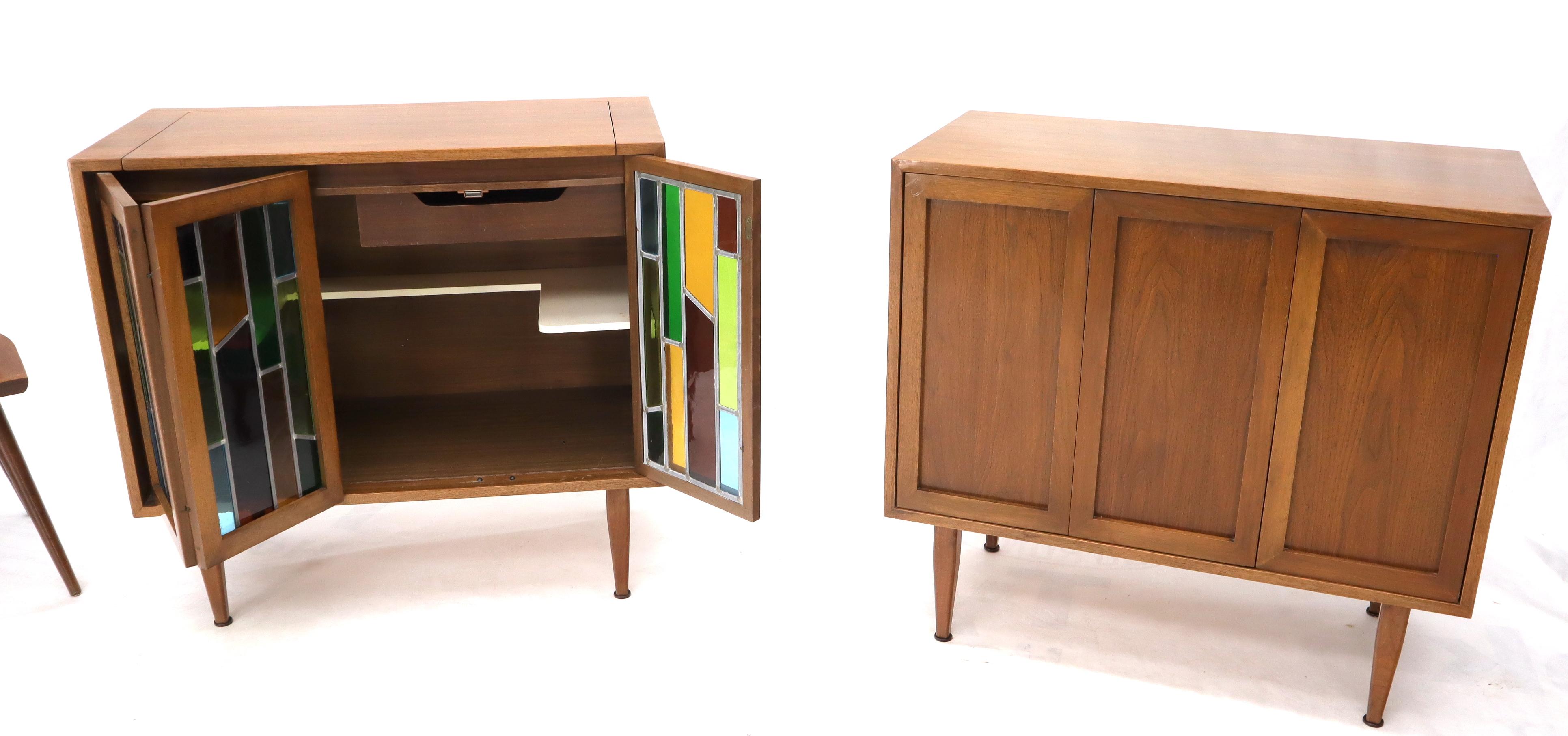 Pair of Two Non Matching Pair Walnut Liquor and Storage Cabinets Stained Glass For Sale 1