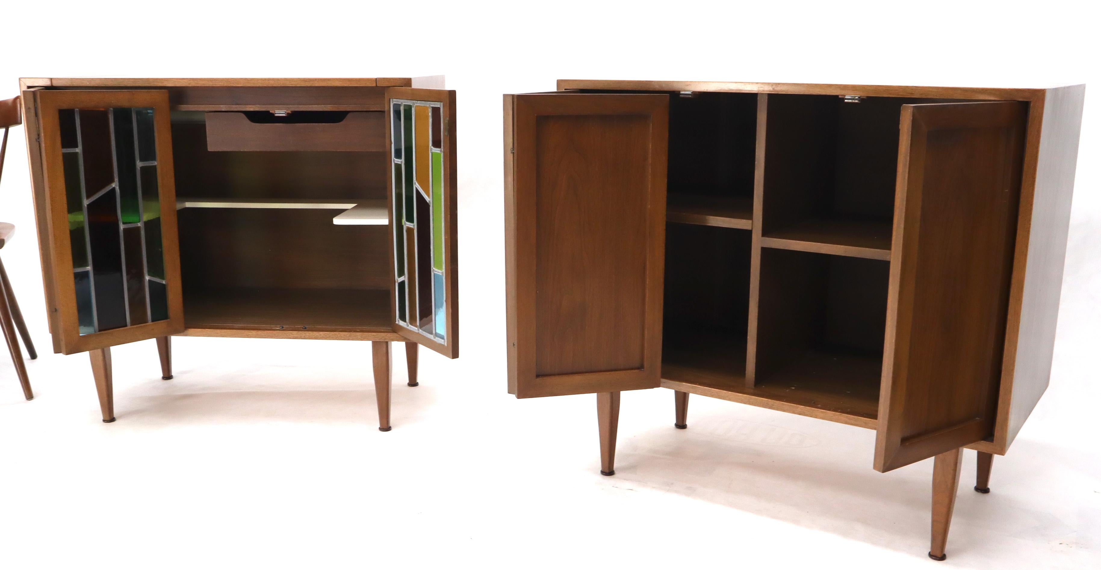 Pair of Two Non Matching Pair Walnut Liquor and Storage Cabinets Stained Glass For Sale 2