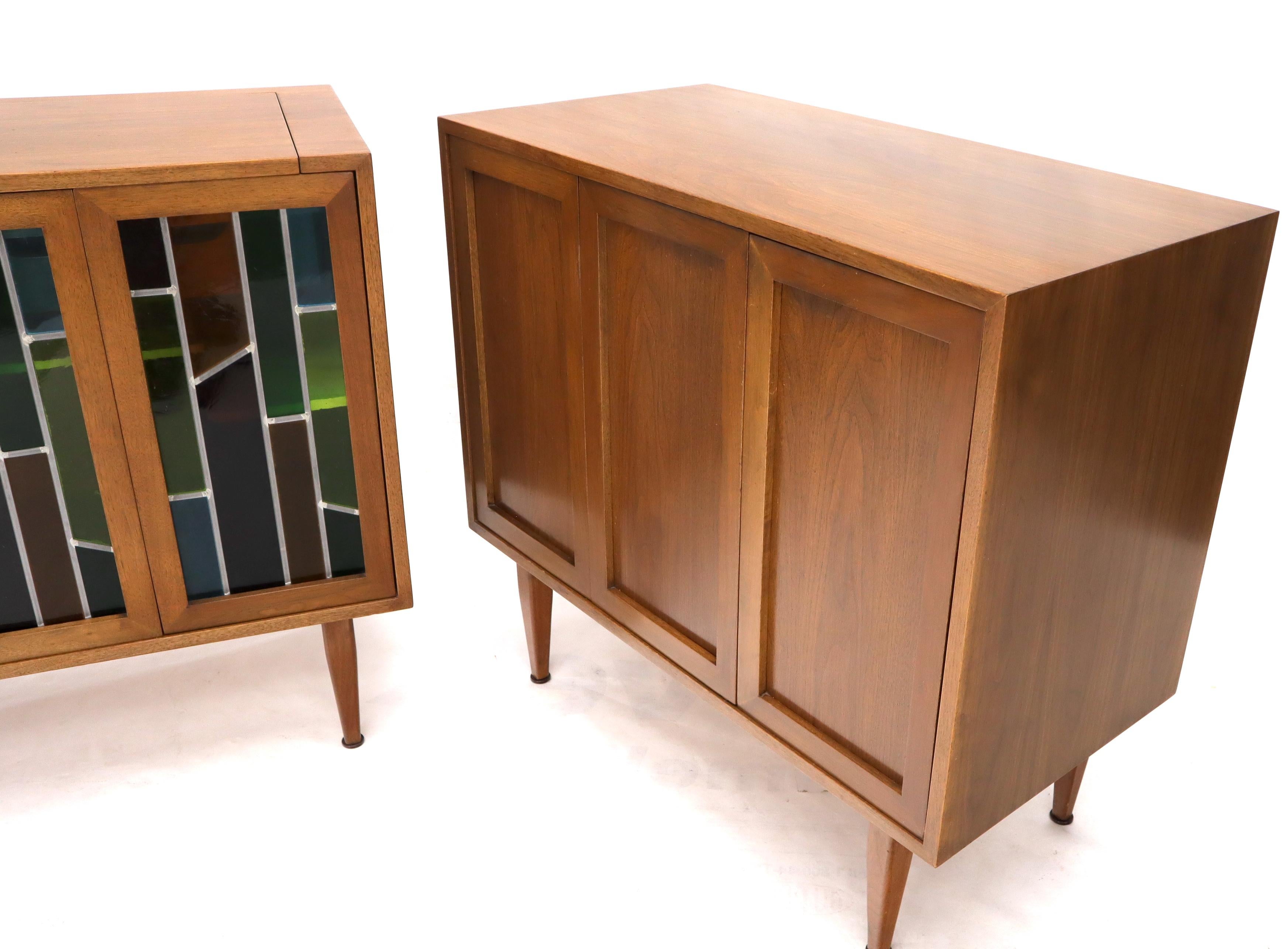 Pair of Two Non Matching Pair Walnut Liquor and Storage Cabinets Stained Glass For Sale 4