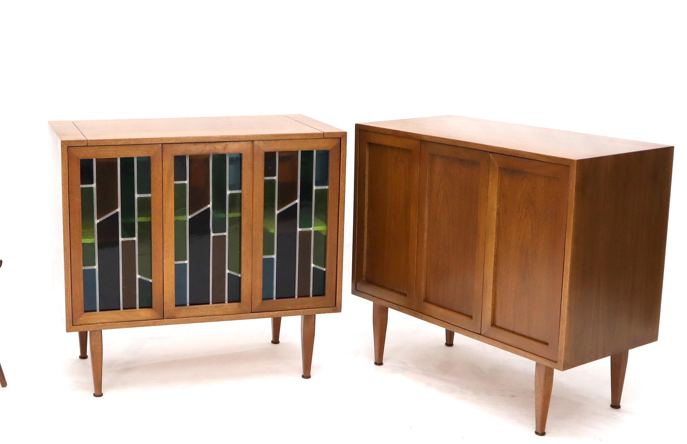 Pair of Two Non Matching Pair Walnut Liquor and Storage Cabinets Stained Glass For Sale 6