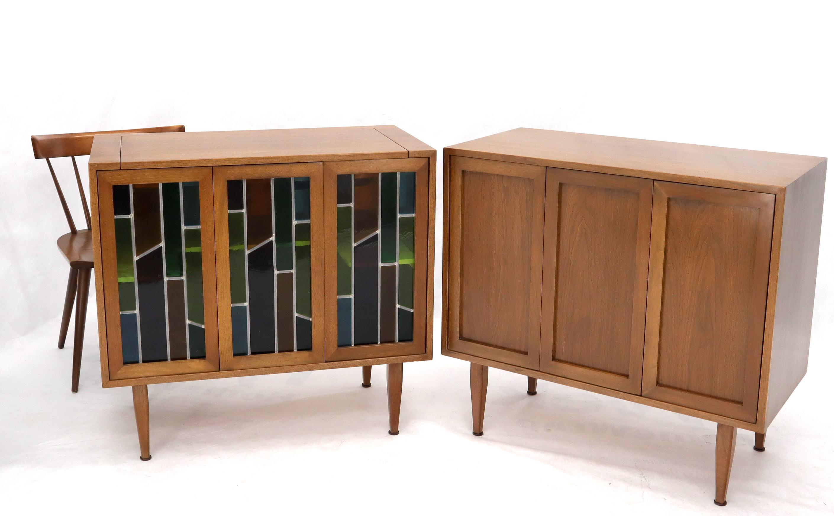 Pair of Two Non Matching Pair Walnut Liquor and Storage Cabinets Stained Glass For Sale 7