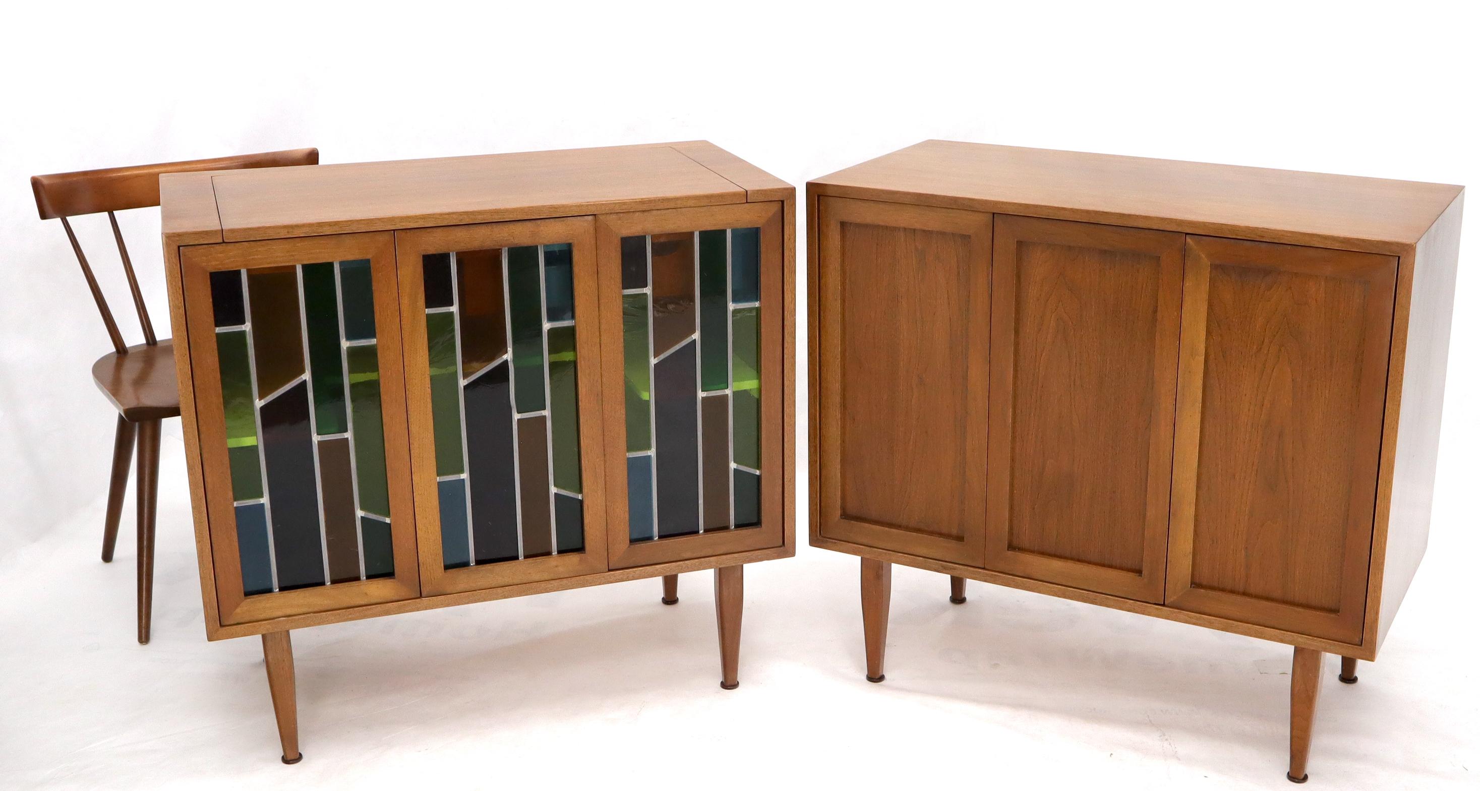 Pair of Two Non Matching Pair Walnut Liquor and Storage Cabinets Stained Glass For Sale 8