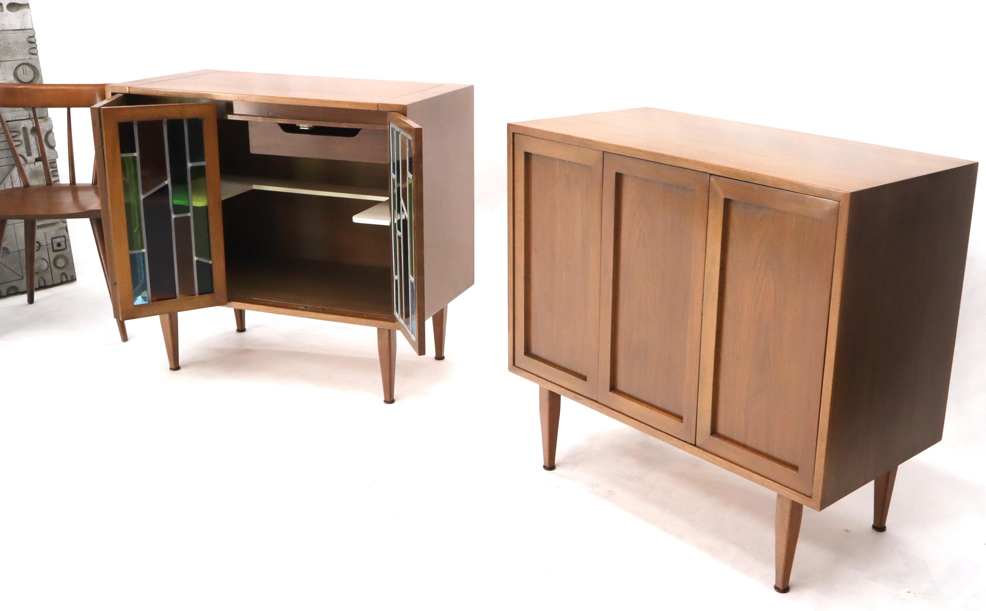 20th Century Pair of Two Non Matching Pair Walnut Liquor and Storage Cabinets Stained Glass For Sale