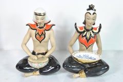 Pair of Two Oriental Figures in Polychrome Casting Terraglia, Torino, 1940