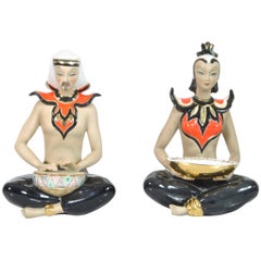 Pair of Two Oriental Figures in Polychrome Casting Terraglia, Torino, 1940