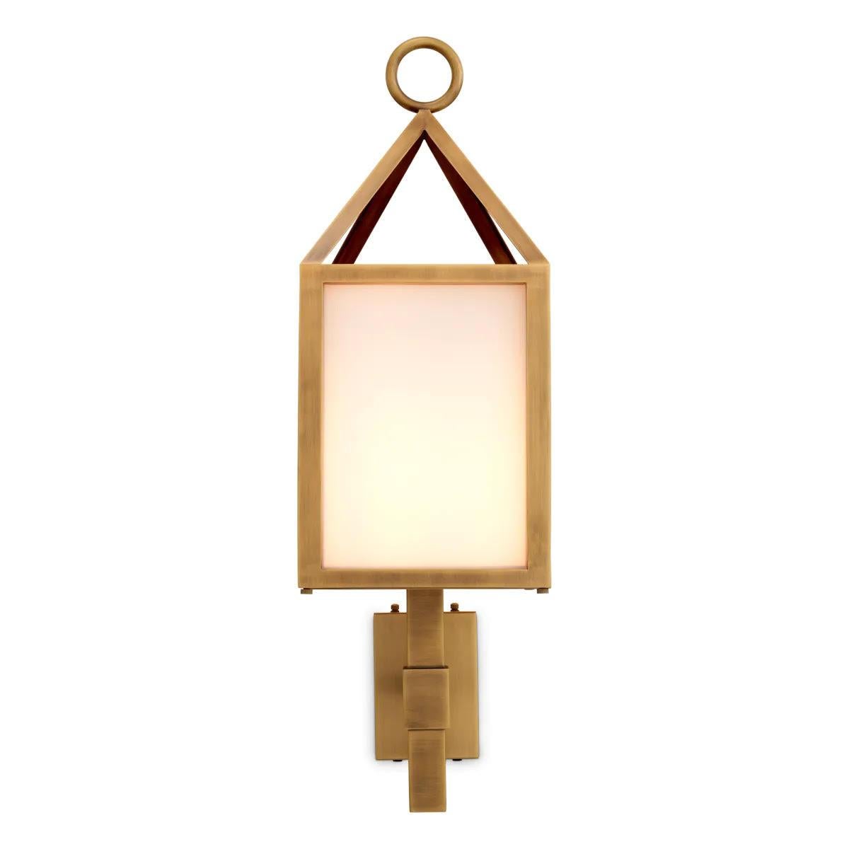 French Pair of Two Outdoor Wall Lights, Antique Brass Finish, White Glass. For Sale