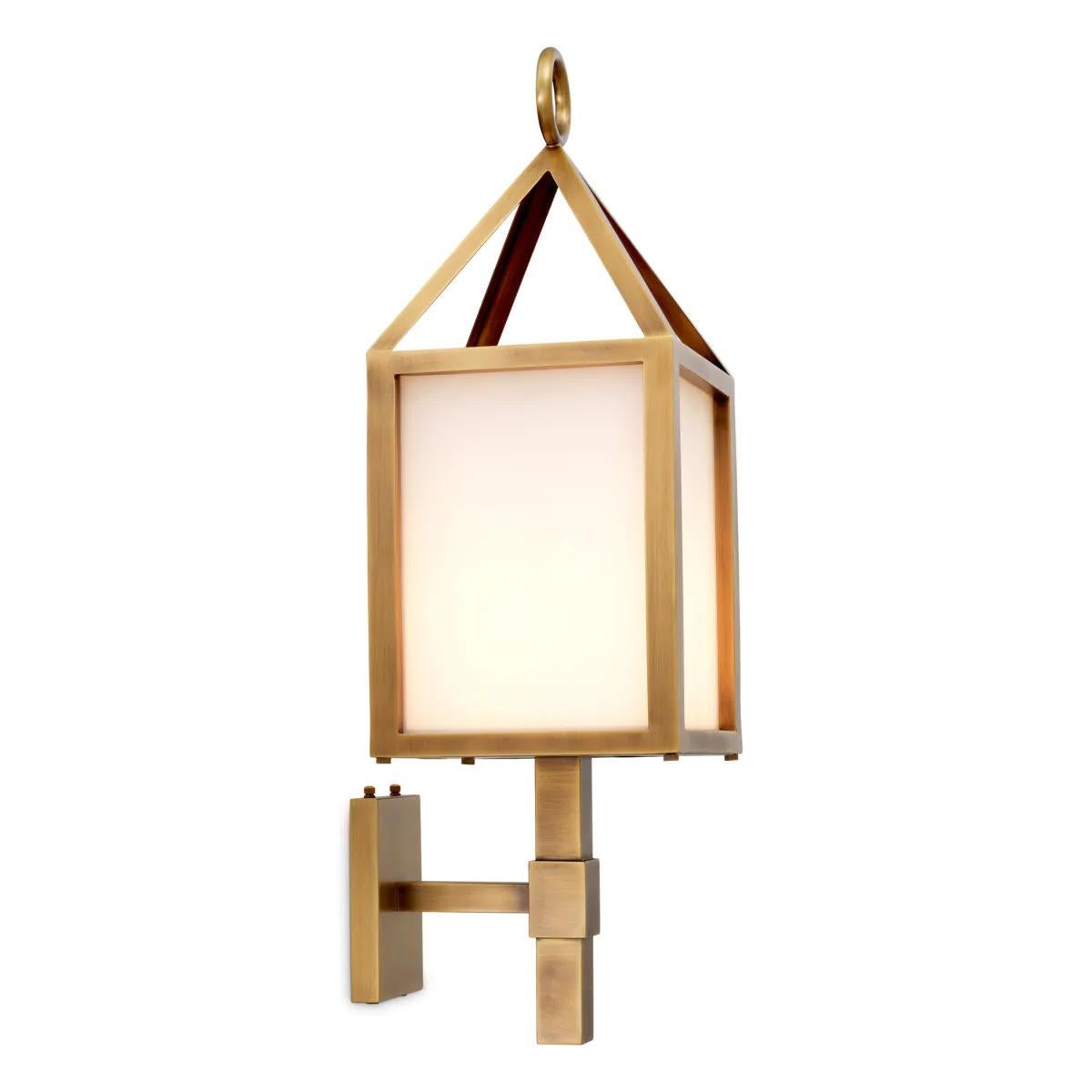 Contemporary Pair of Two Outdoor Wall Lights, Antique Brass Finish, White Glass. For Sale