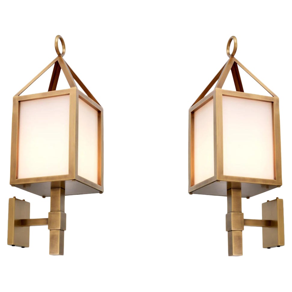 Pair of Two Outdoor Wall Lights, Antique Brass Finish, White Glass. For Sale