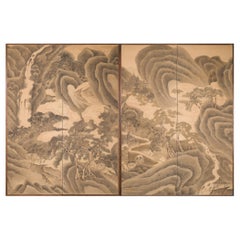 Pair of Two Panel Japanese Screens: Mountain Landscape with Waterfalls and River