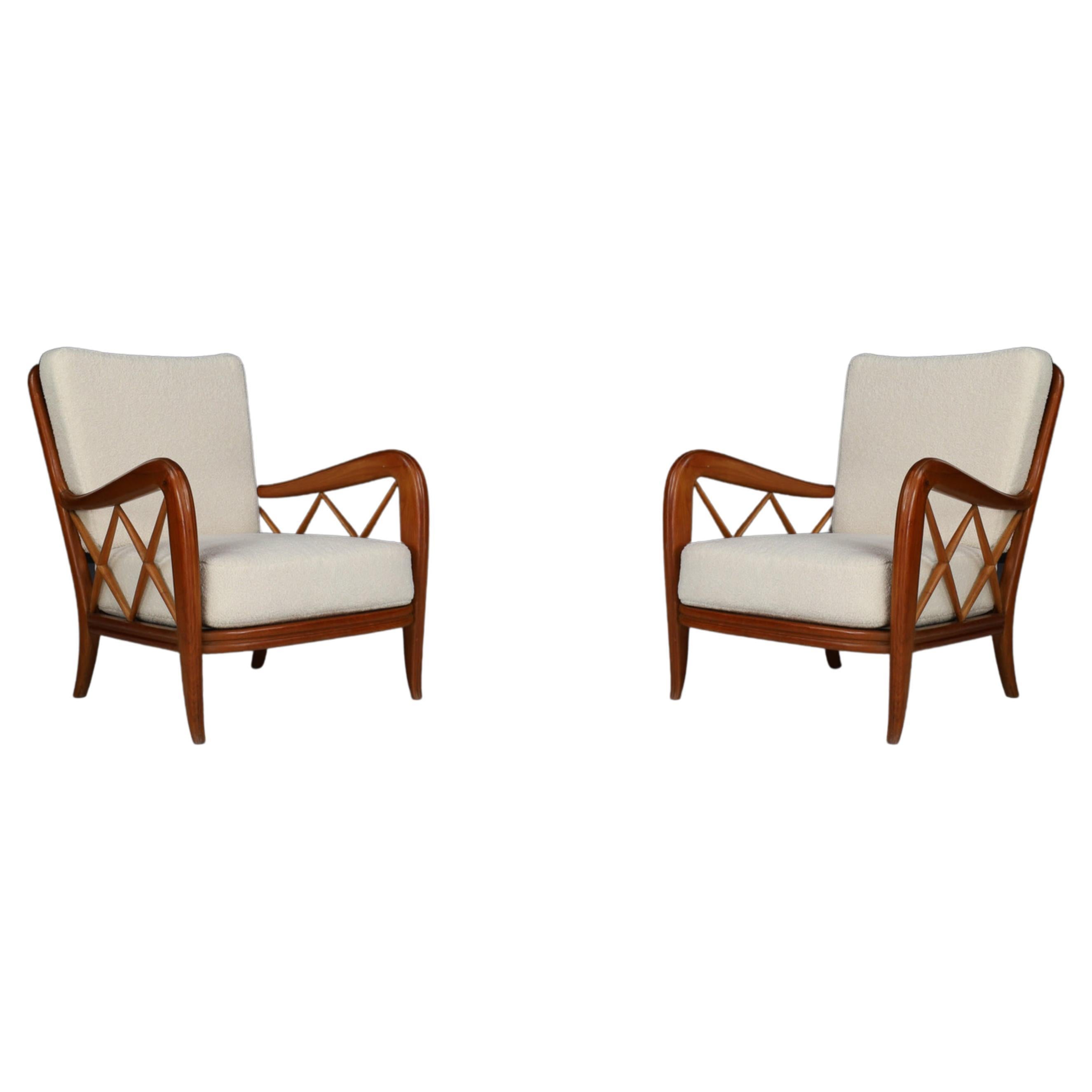 Paolo Buffa walnut and teddy fabric armchairs, Italy 1950s.

Italian pair of two lounge chairs made of hand-carved walnut and re-upholstered teddy fabric designed by Paolo Buffa in Italy 1950s. These two armchairs would be an eye-catching addition