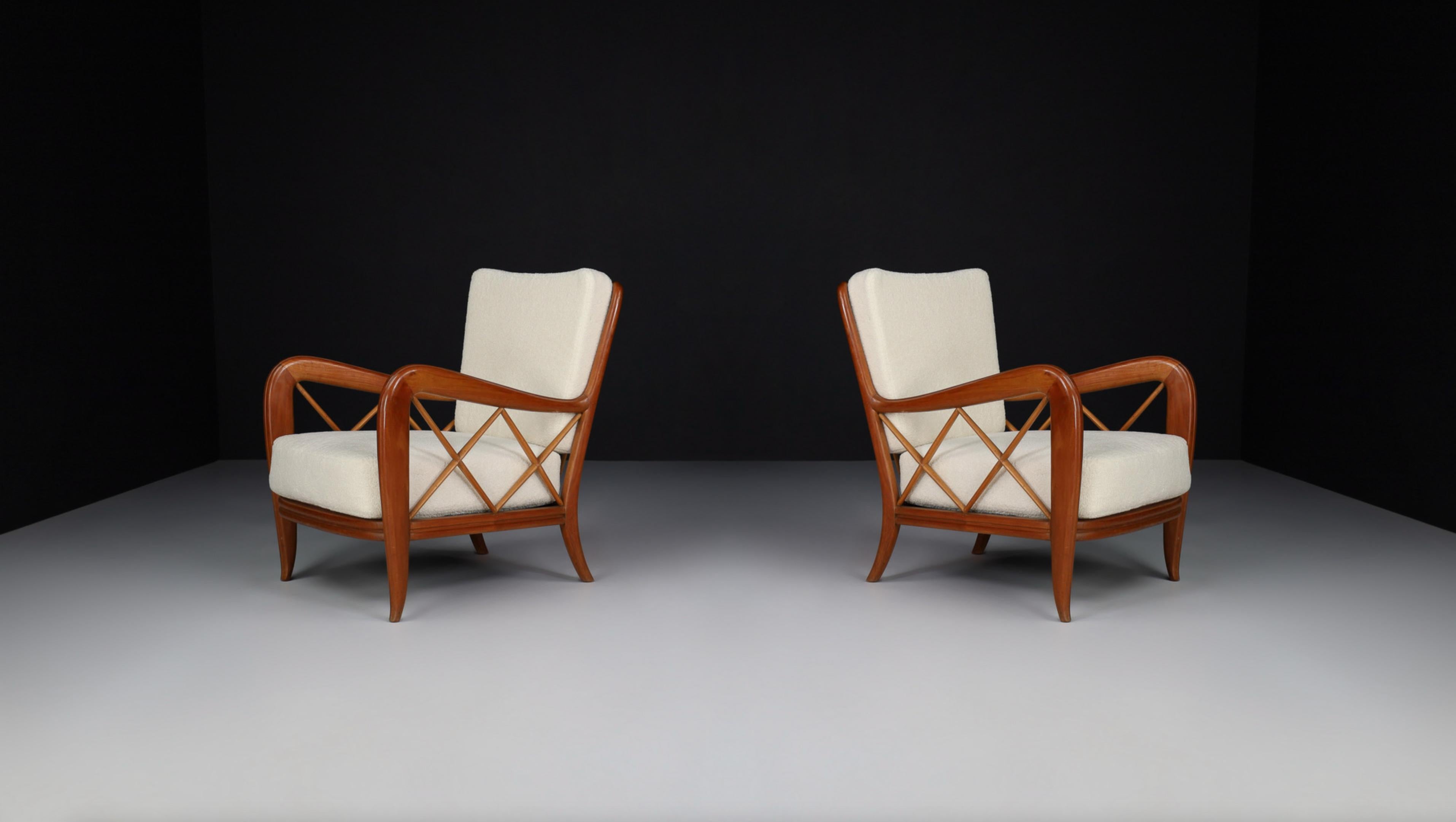 Mid-Century Modern Pair of Two Paolo Buffa Walnut and Teddy Fabric Armchairs, Italy, 1950s