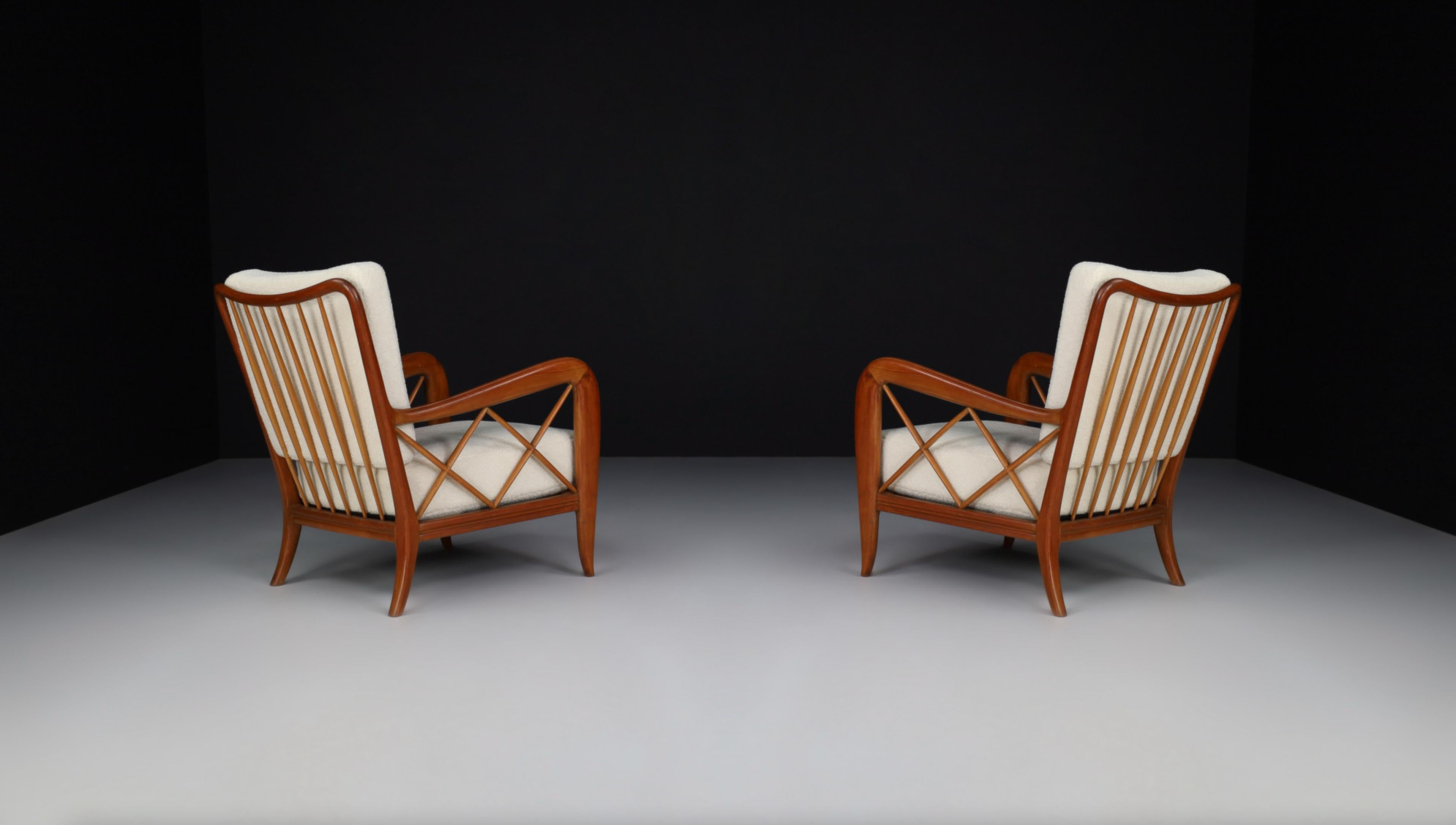 Italian Pair of Two Paolo Buffa Walnut and Teddy Fabric Armchairs, Italy, 1950s