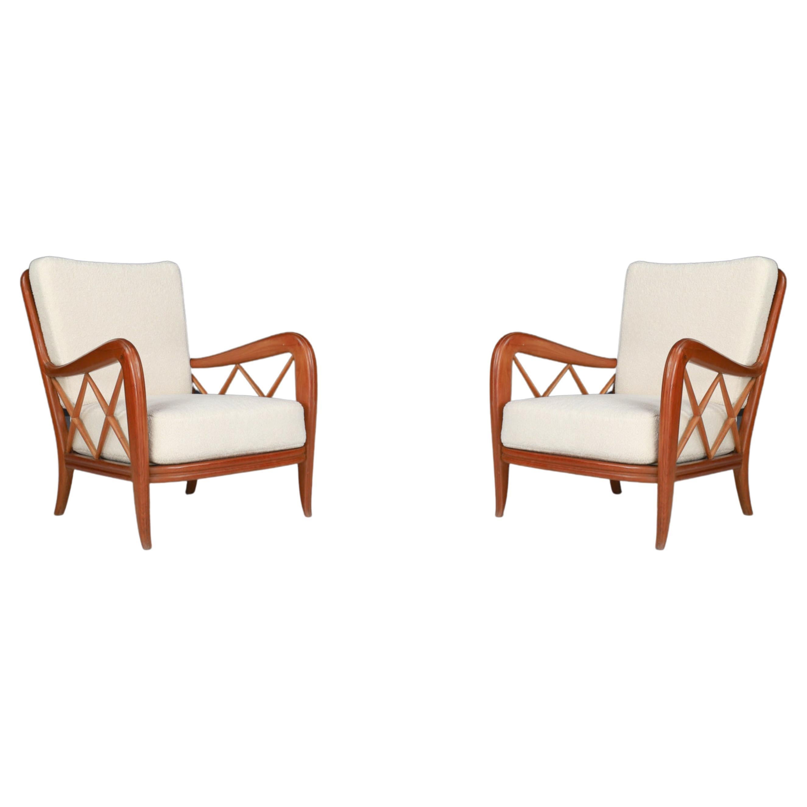 Pair of Two Paolo Buffa Walnut and Teddy Fabric Armchairs, Italy, 1950s