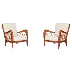 Pair of Two Paolo Buffa Walnut and Teddy Fabric Armchairs, Italy, 1950s