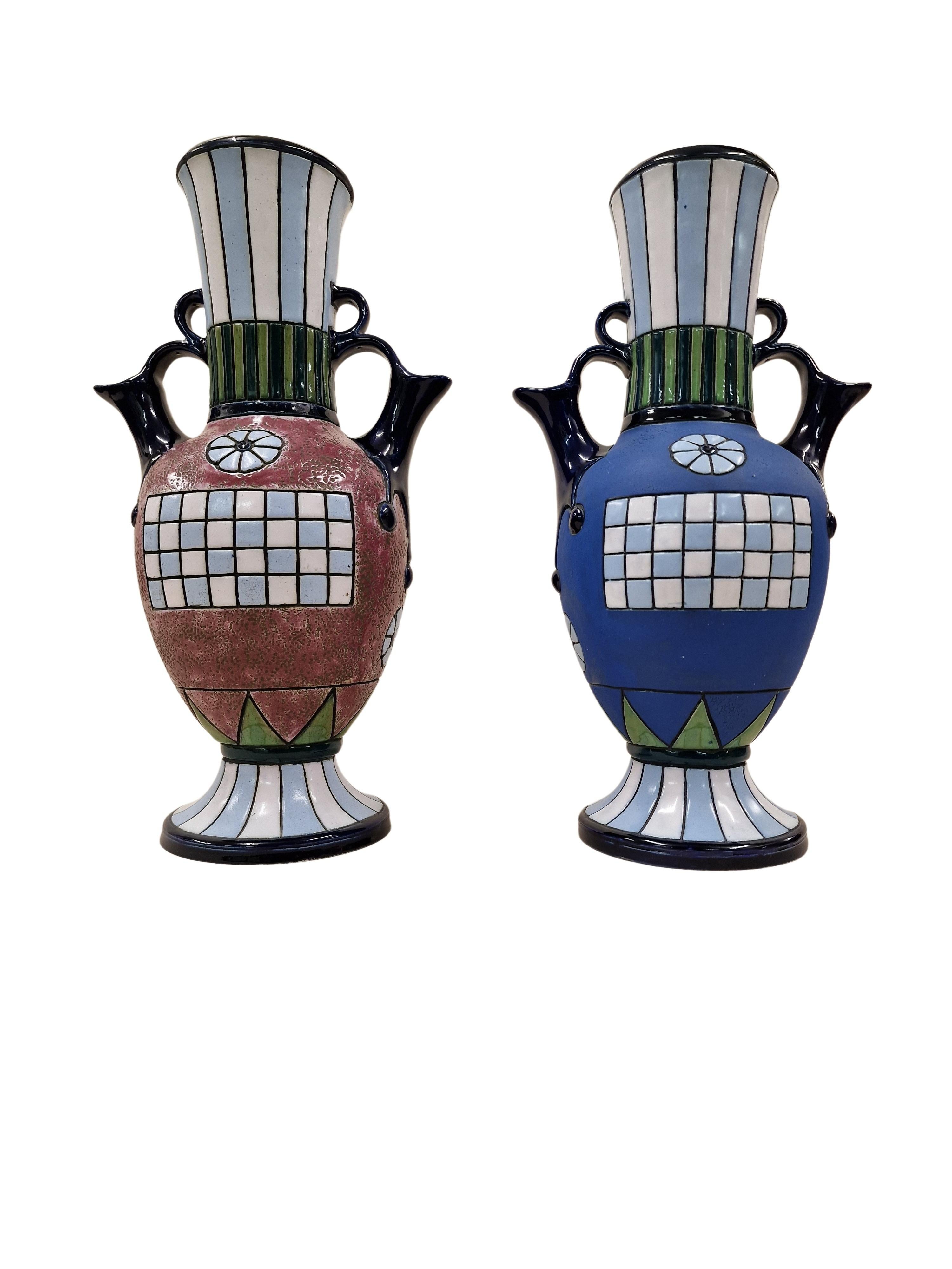 Paar seltene rückseitig verstellbare Vasen, Krüge, Keramik, Art déco, 1915 Amphora Tschechisch R im Angebot 1