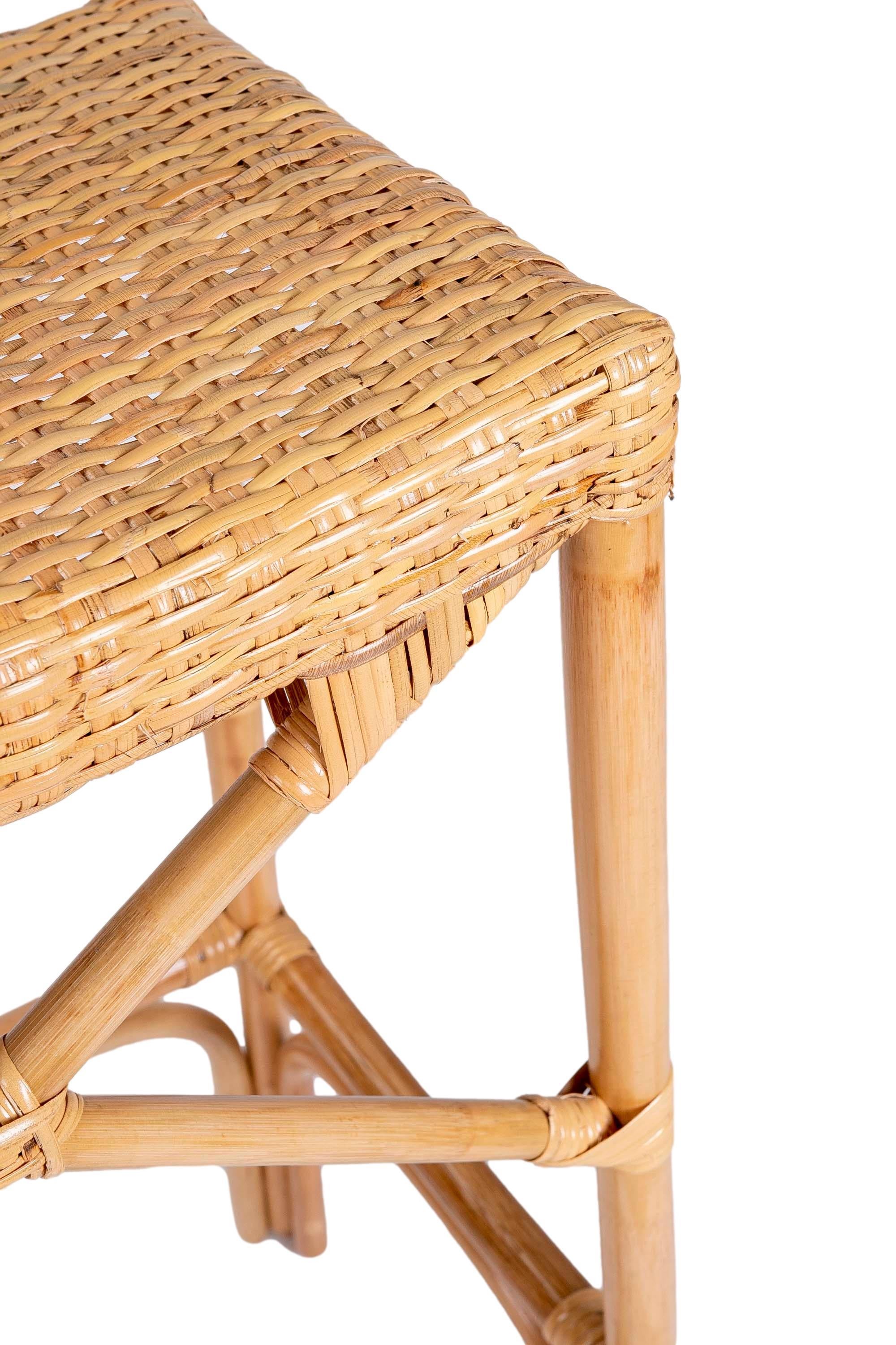 Pair of Two Rattan and Wicker Bar Stools with Interlaced Seats For Sale 7
