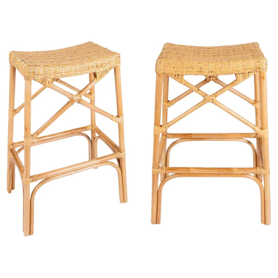 Pair of Handmade Rattan and Wicker Round Benches For Sale at 1stDibs