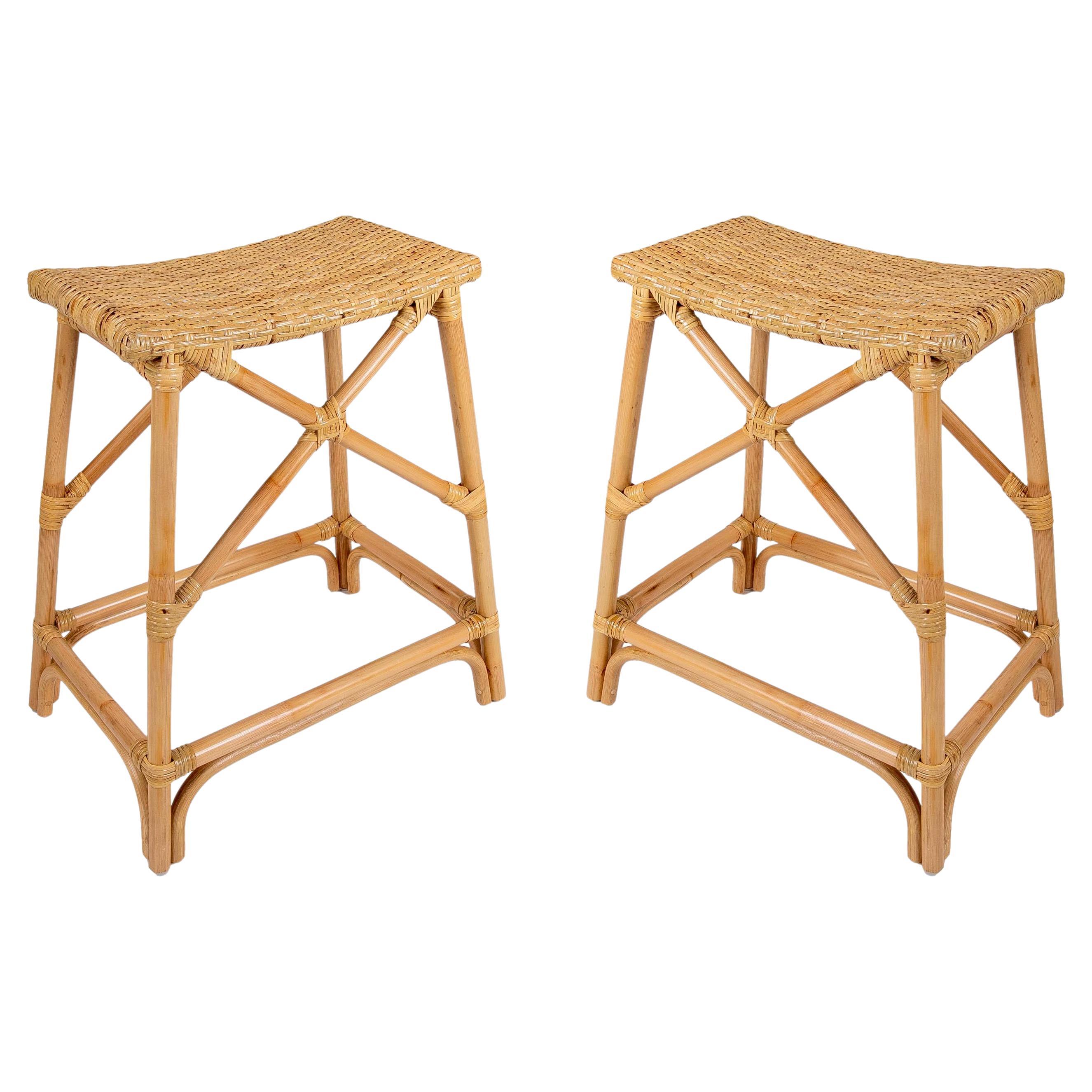 Pair of Two Rattan and Wicker Bar Stools with Interlaced Seats For Sale