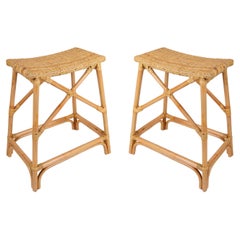 Pair of Two Rattan and Wicker Bar Stools with Interlaced Seats
