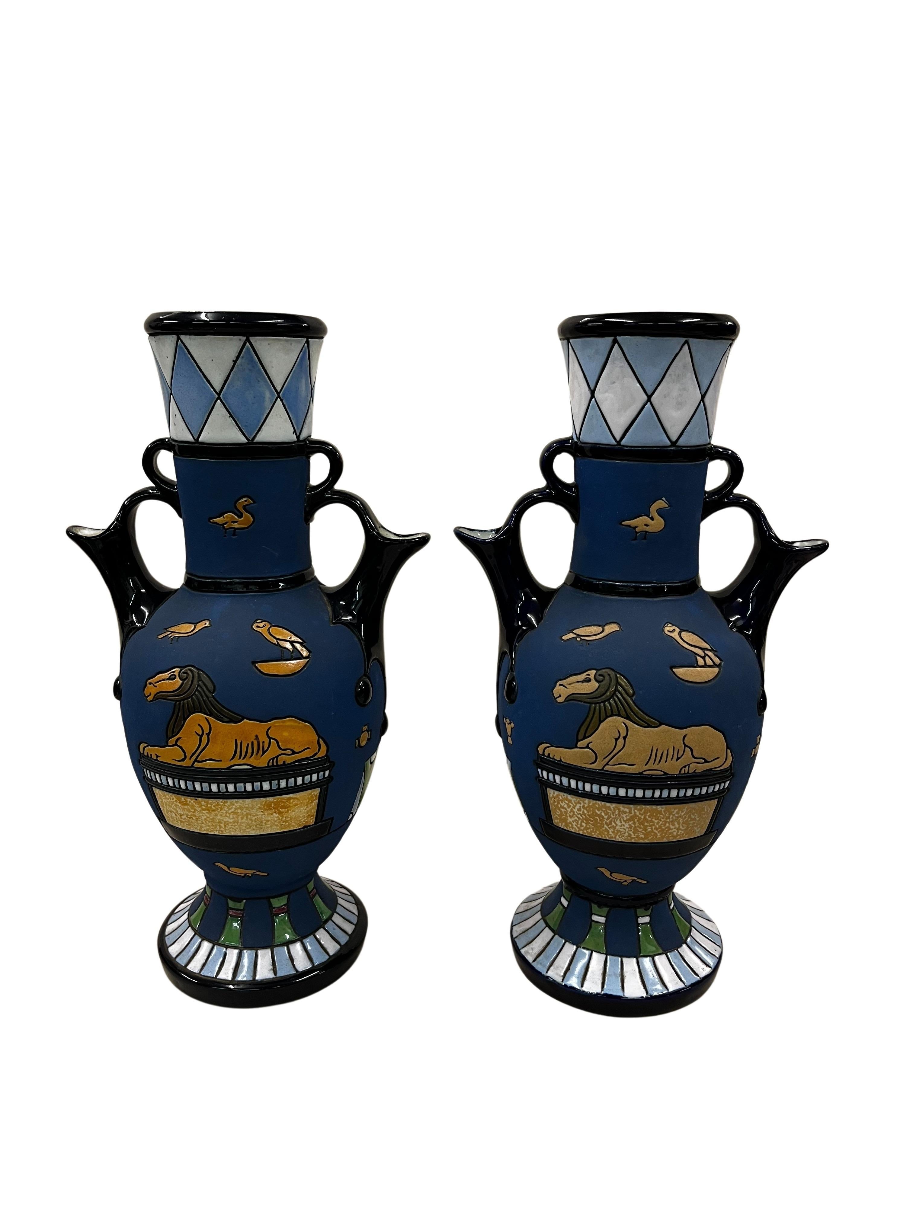 Hand-Crafted Pair of two reversible vases jugs, ceramic, Egypt Art Deco, 1915 Amphora Czech R For Sale