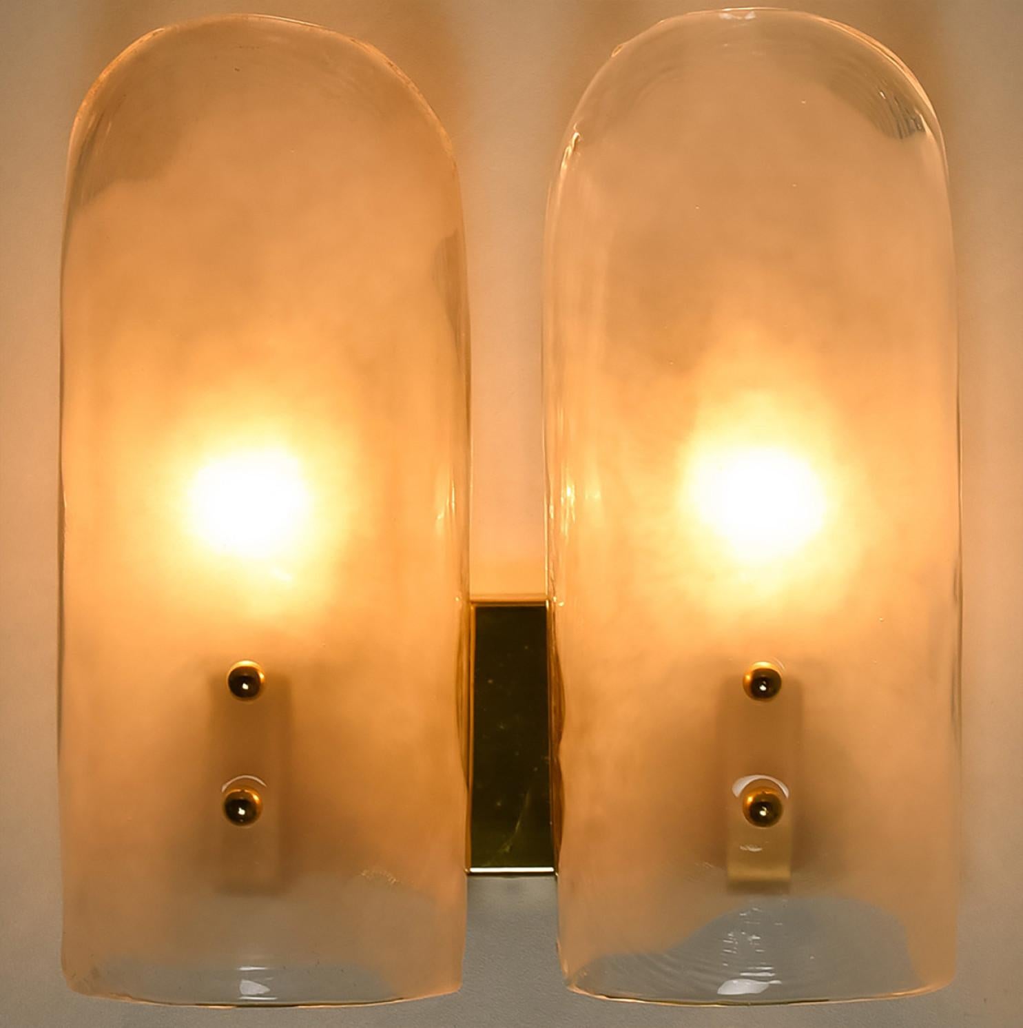 Austrian Pair of Two Shades Brass and Murano Glass Wall Lights by J.T. Kalmar, 1960s For Sale