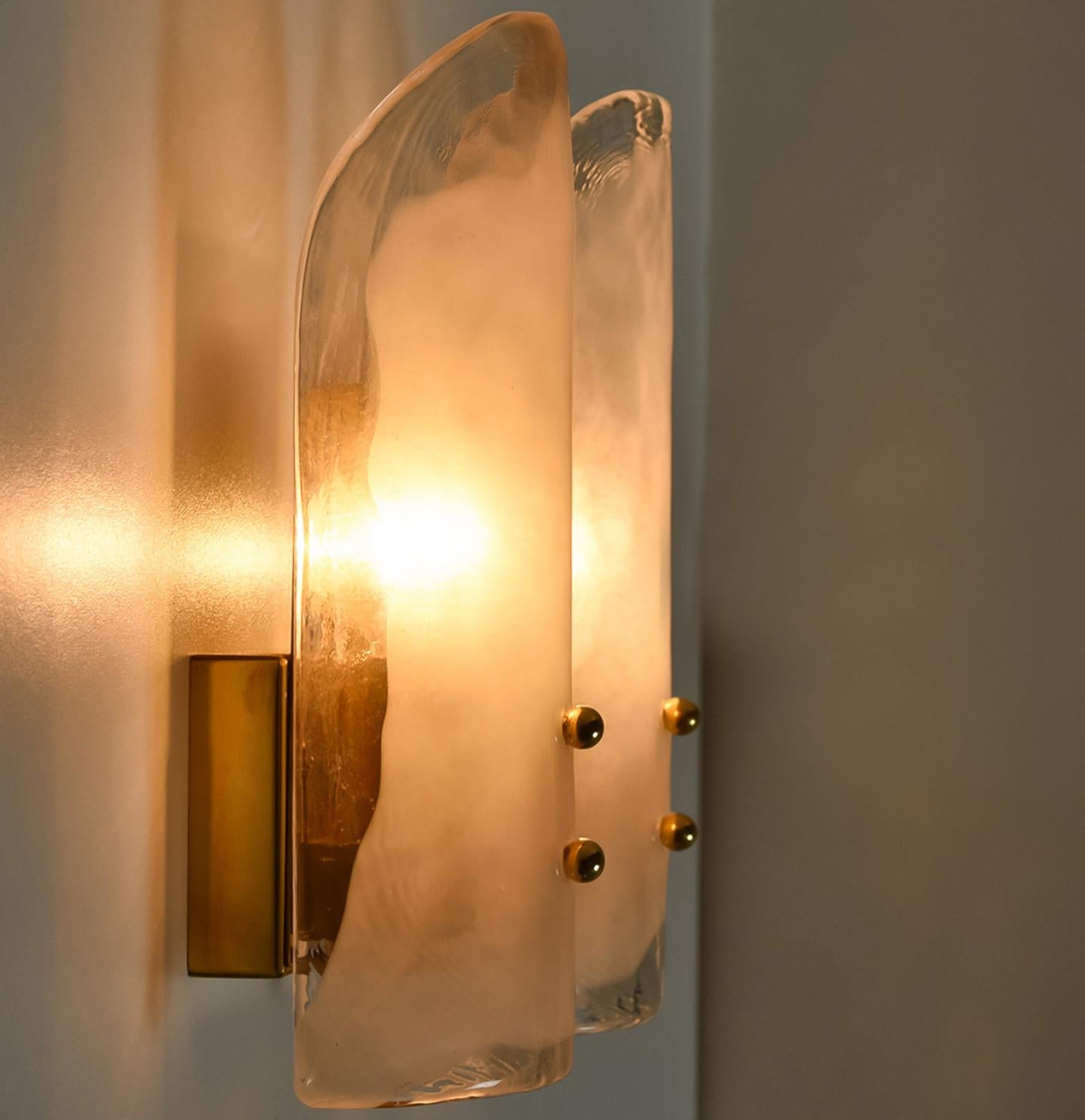20th Century Pair of Two Shades Brass and Murano Glass Wall Lights by J.T. Kalmar, 1960s For Sale
