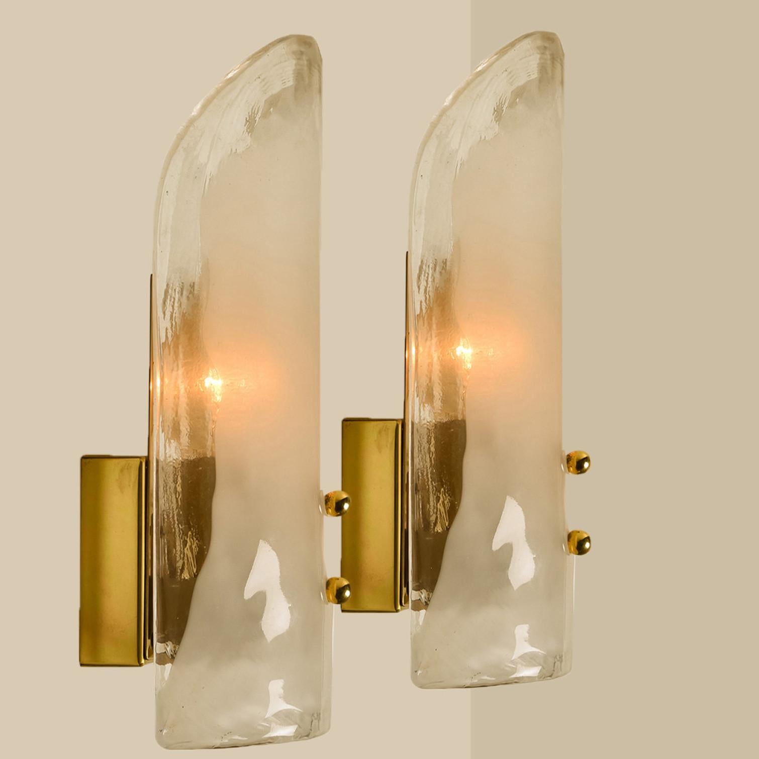 Pair of Two Shades Brass and Murano Glass Wall Lights by J.T. Kalmar, 1960s For Sale 1