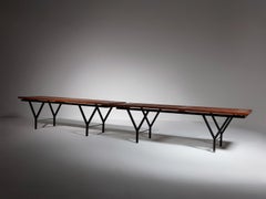 Pair of Two Solid Wood Metal Benches, Italy, 1960s