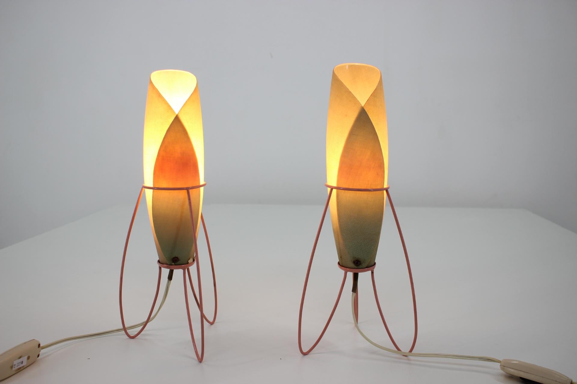 Slovak Pair of Two Space Age Rare Table Lamps, Rockets by Pokrok Zilina, 1960s For Sale