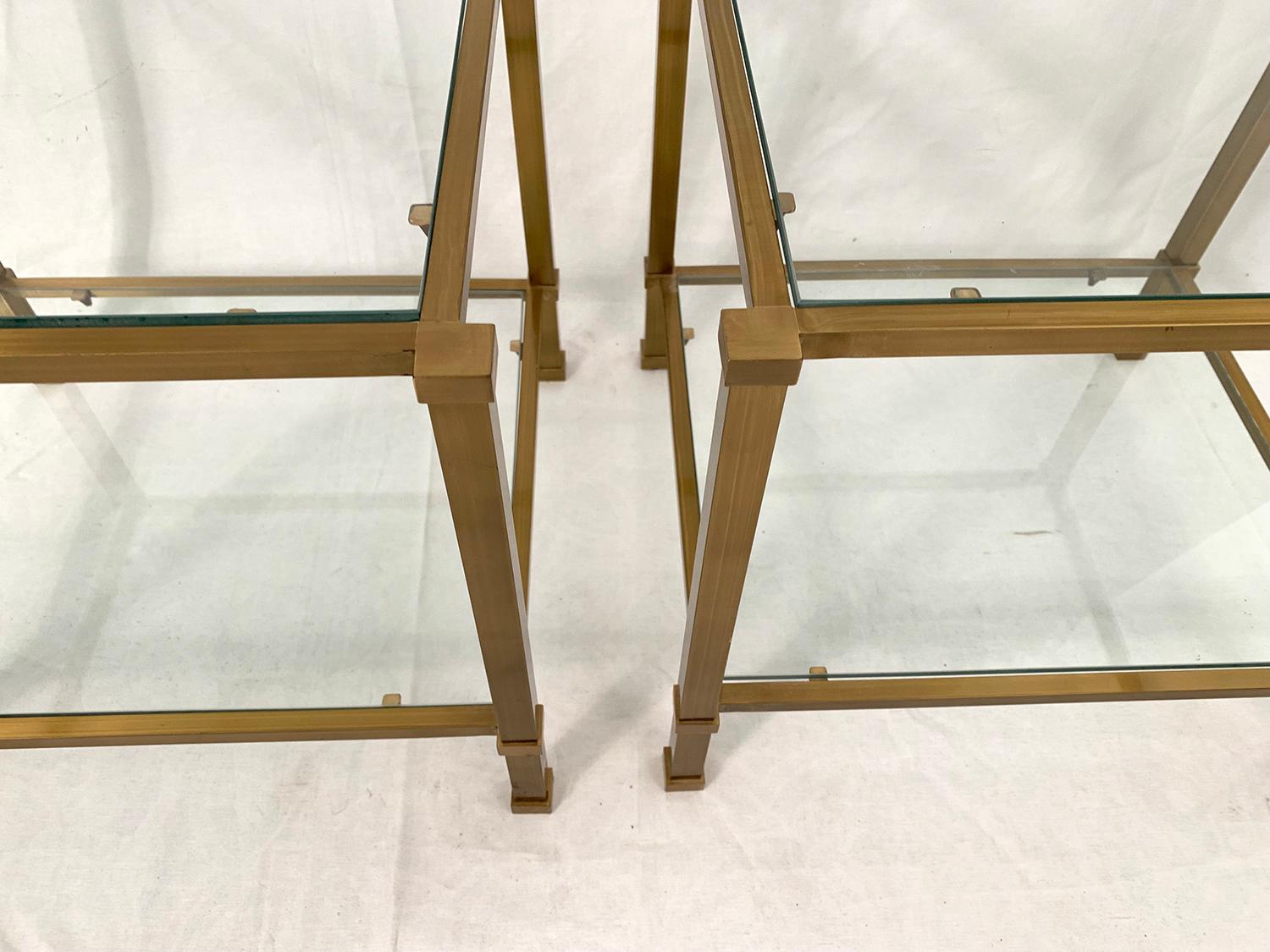 European Pair of Two-Tier Brass and Glass End Tables For Sale