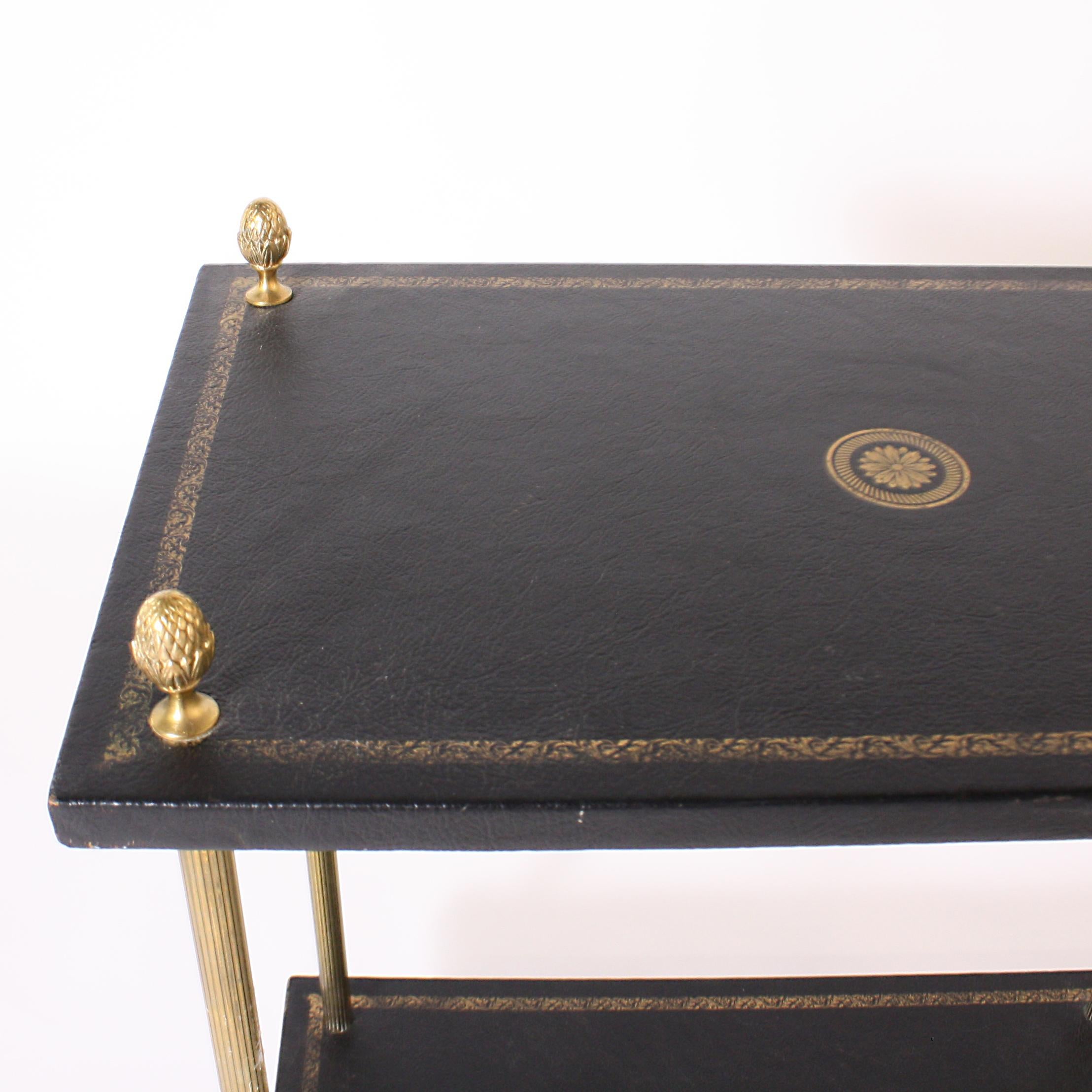 Pair of Two-Tier Brass and Leather Side Tables, circa 1950 In Good Condition In Dallas, TX