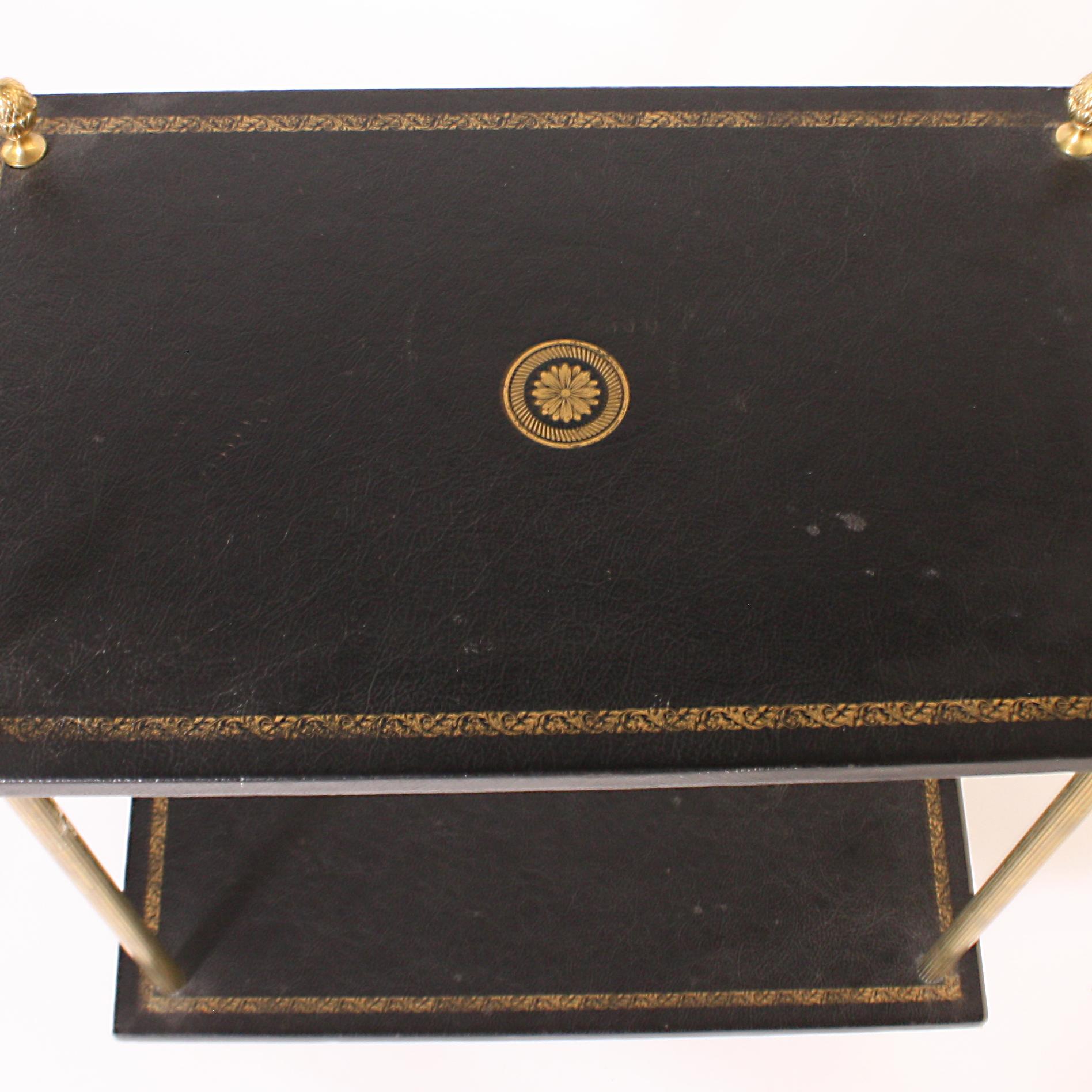 Mid-20th Century Pair of Two-Tier Brass and Leather Side Tables, circa 1950