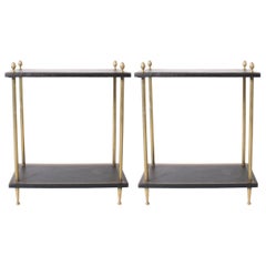 Pair of Two-Tier Brass and Leather Side Tables, circa 1950