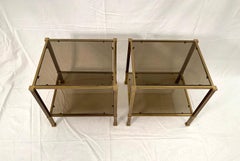 Pair of Two-Tier Brass and Smoked Glass End Tables