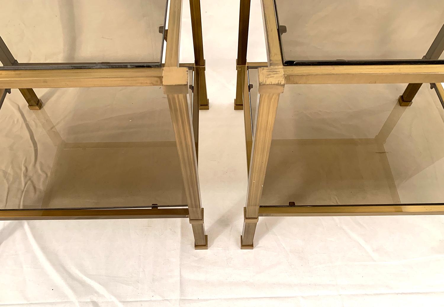 European Pair of Two-Tier Brass and Smoked Glass End Tables For Sale