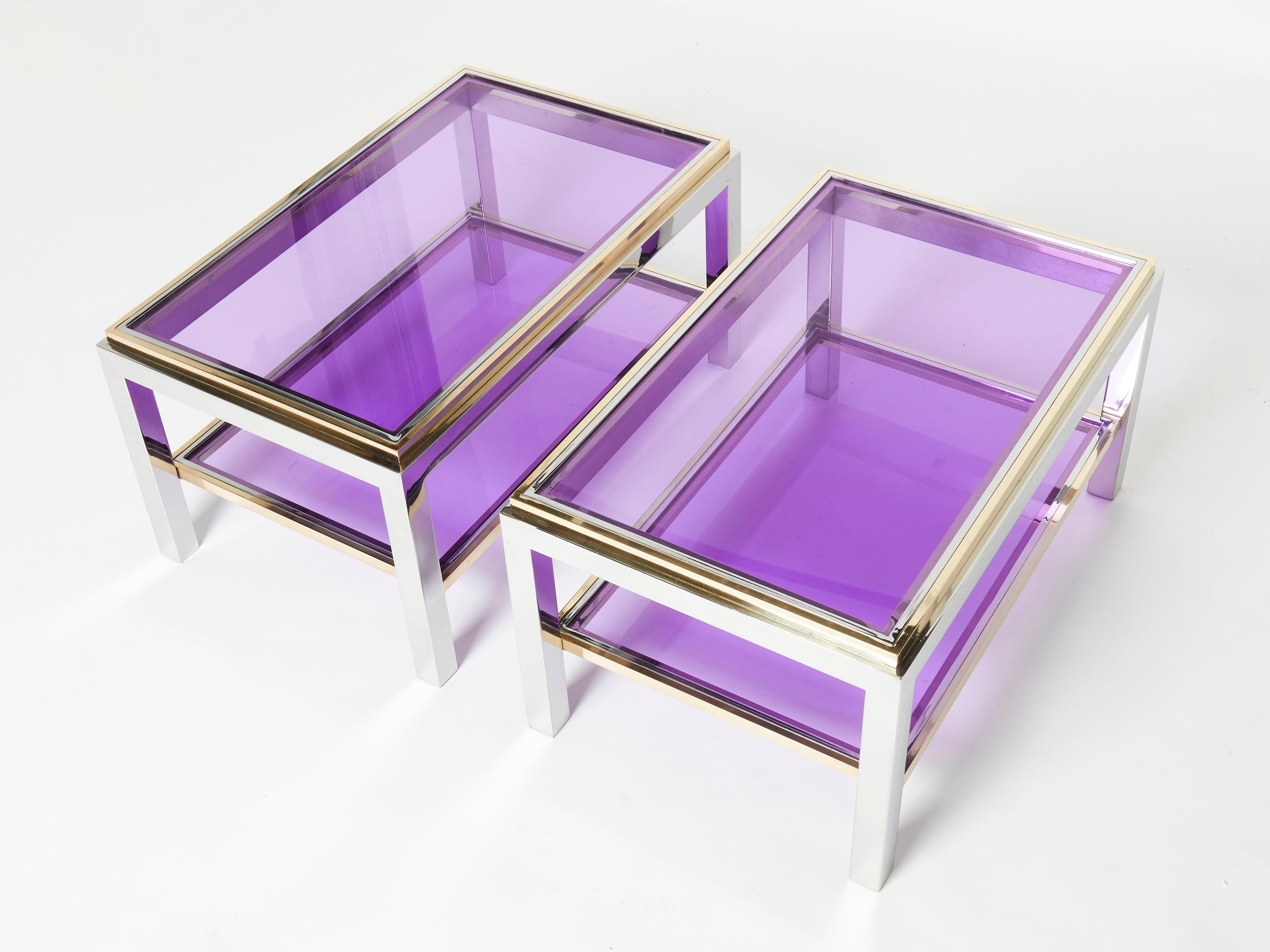 Mid-Century Modern Pair of Two-Tier Brass Chrome End Tables Willy Rizzo Flaminia, 1970s