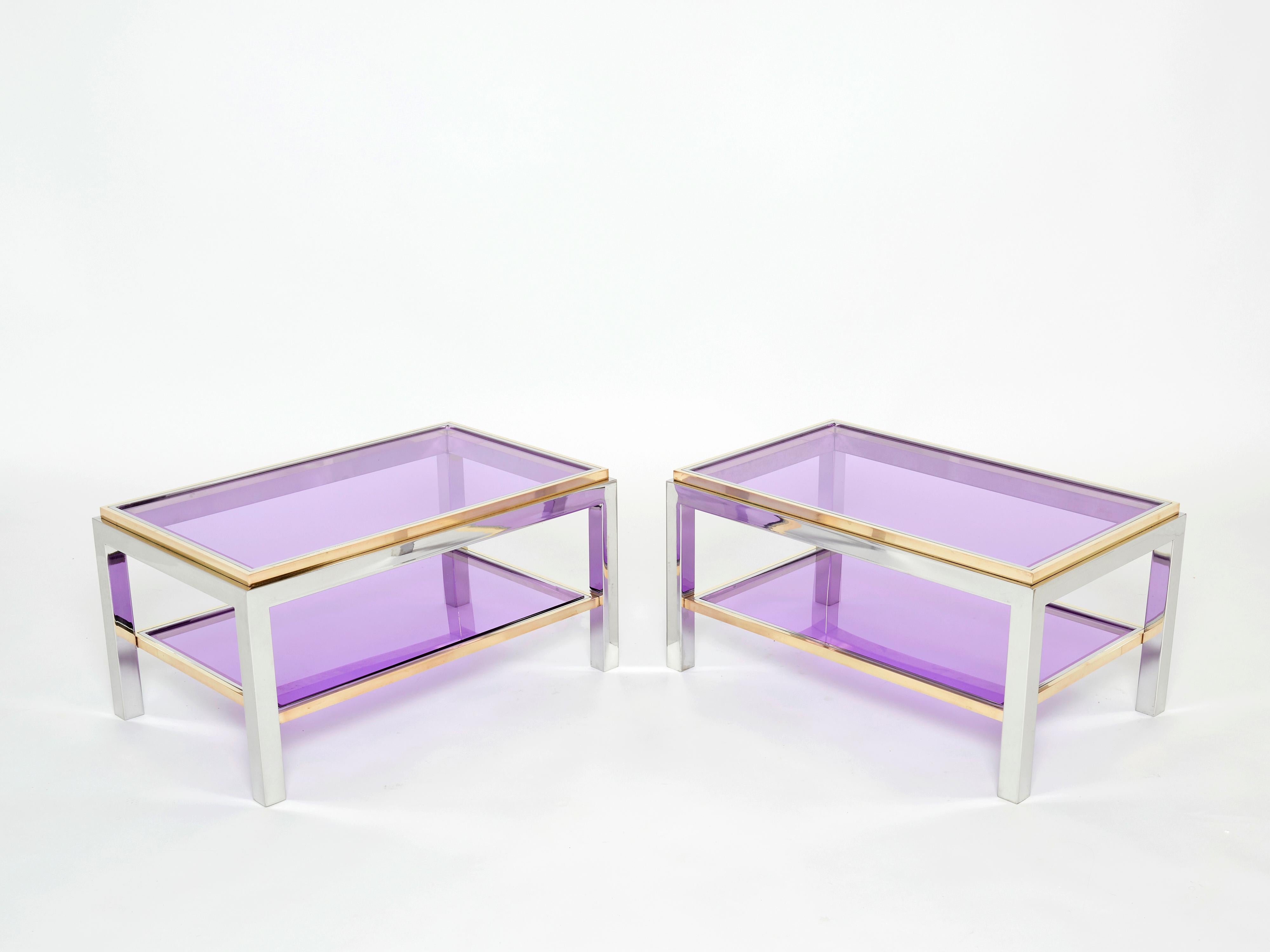 Pair of Two-Tier Brass Chrome End Tables Willy Rizzo Flaminia, 1970s In Good Condition In Paris, IDF