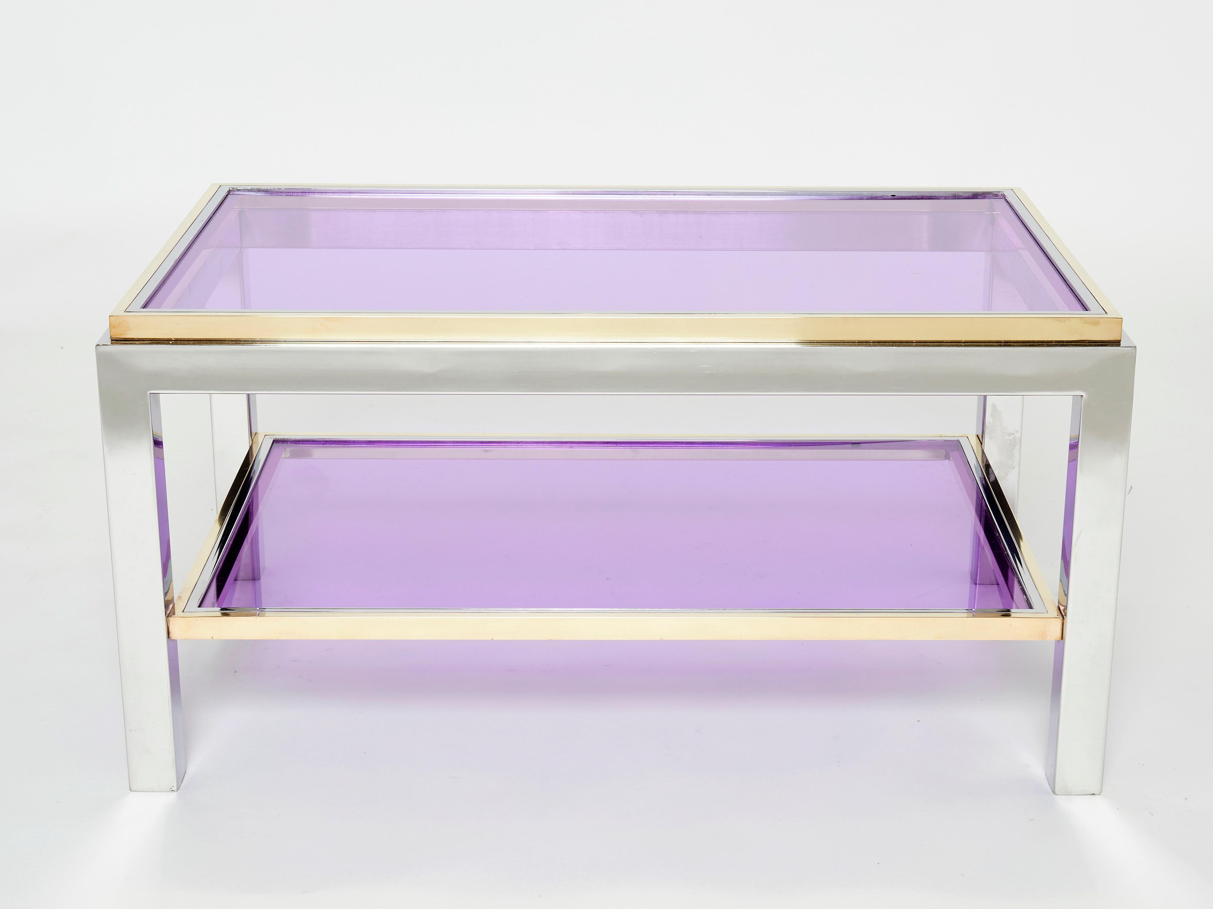 Pair of Two-Tier Brass Chrome End Tables Willy Rizzo Flaminia, 1970s 1