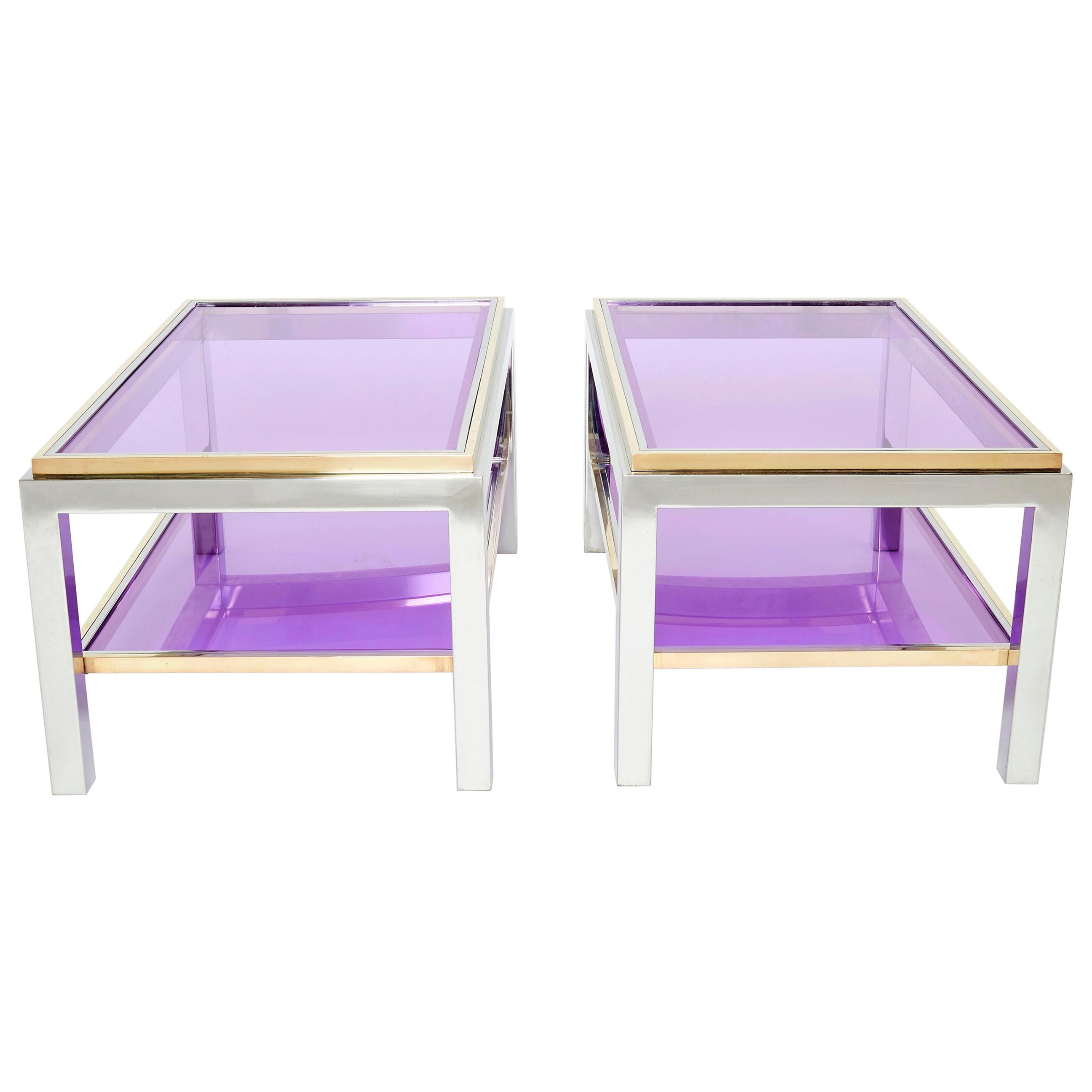 Pair of Two-Tier Brass Chrome End Tables Willy Rizzo Flaminia, 1970s
