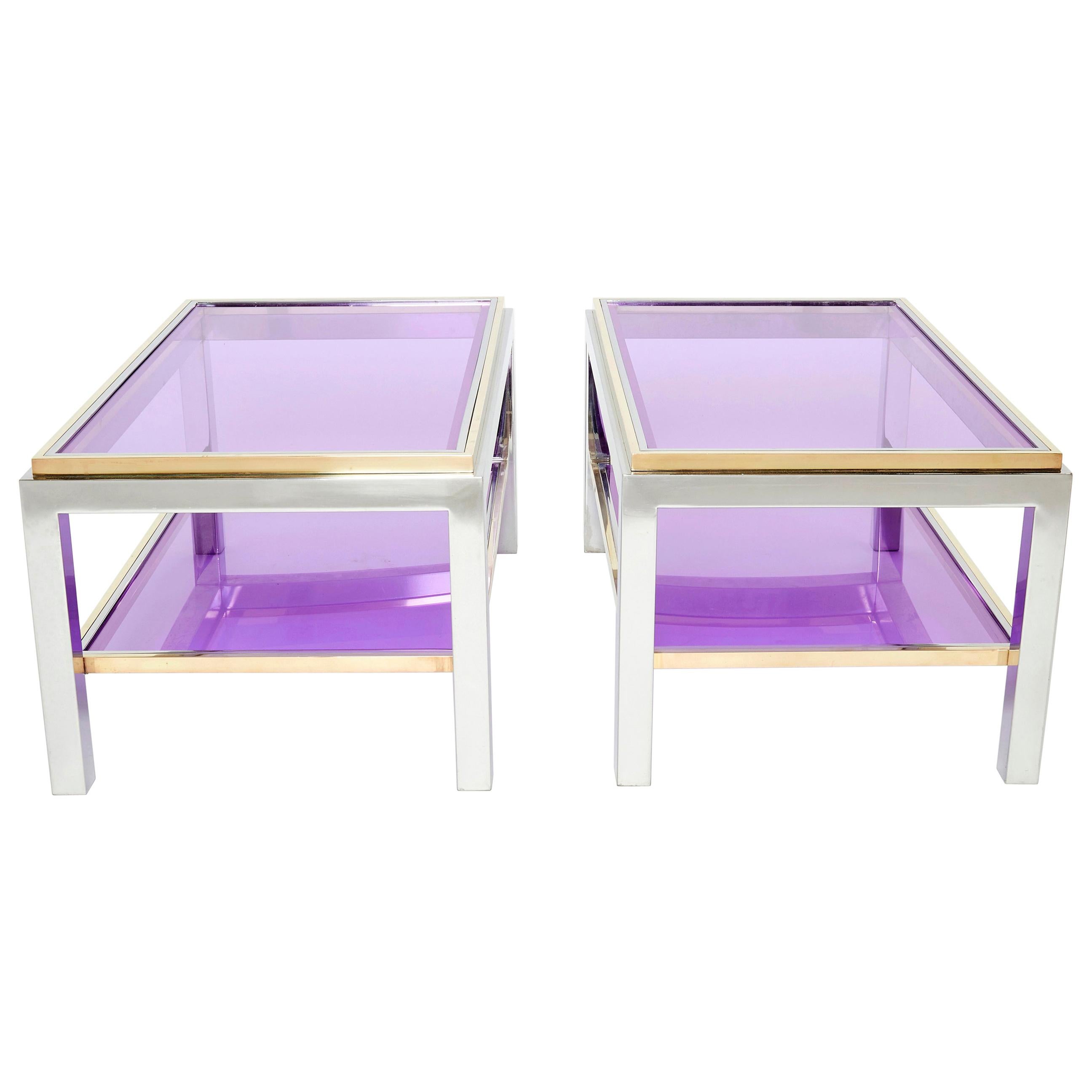 Pair of Two Tiered Chrome and Brass End Tables at 1stDibs