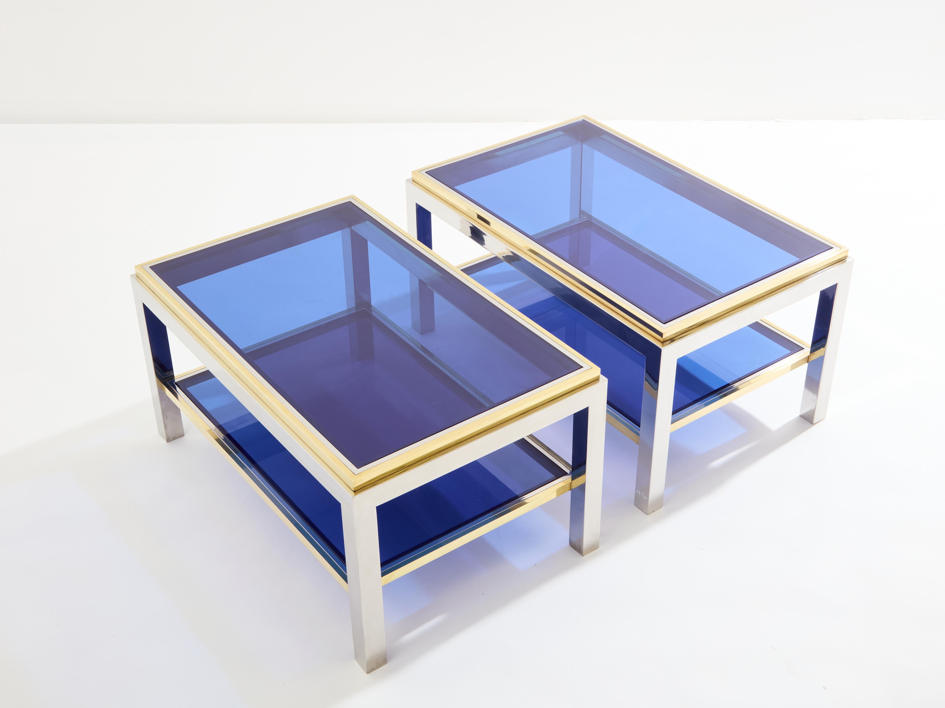 Mid-Century Modern Paire de tables d'appoint à deux niveaux en laiton et chrome Willy Rizzo Flaminia 1970 en vente