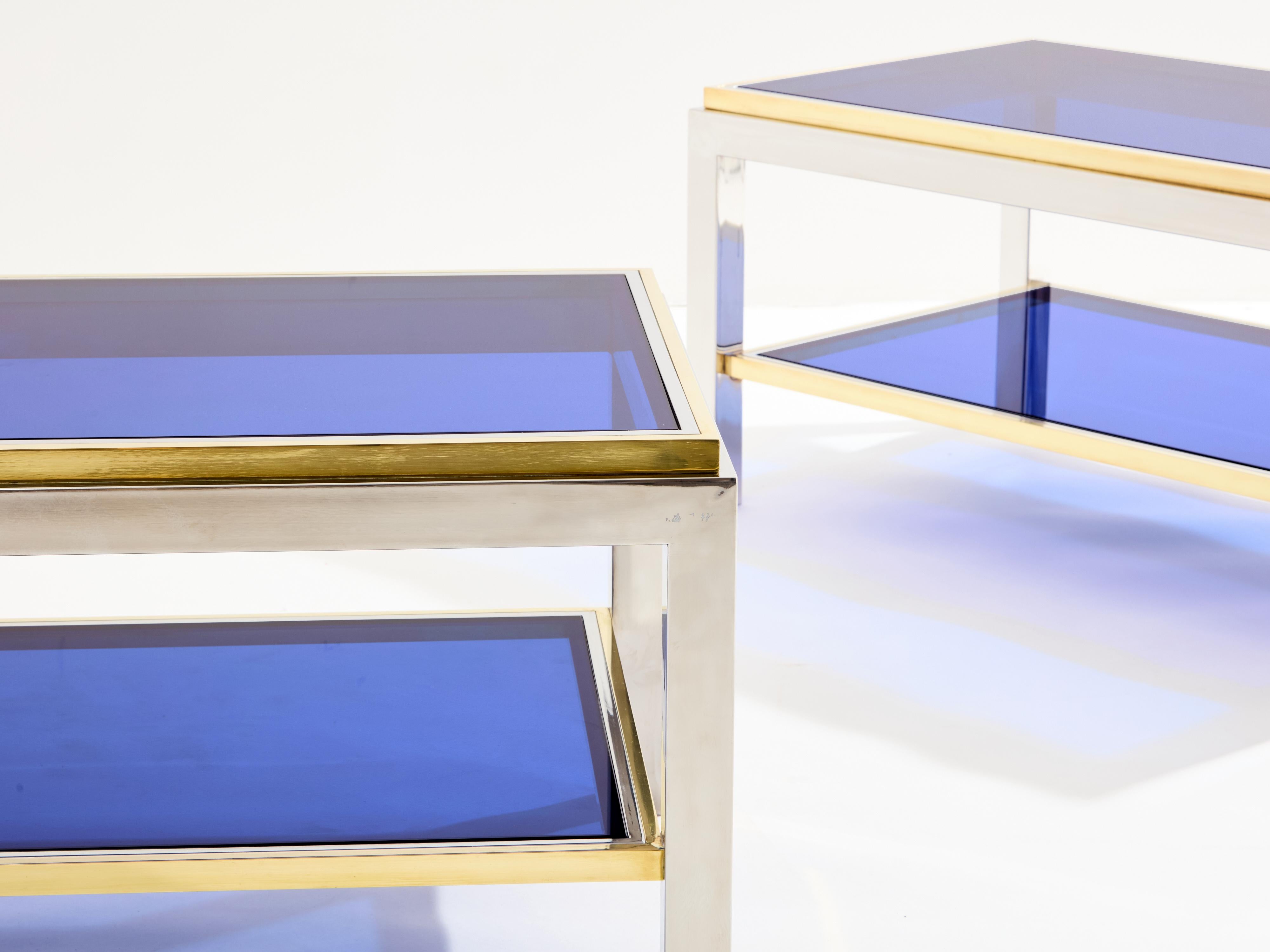 italien Paire de tables d'appoint à deux niveaux en laiton et chrome Willy Rizzo Flaminia 1970 en vente