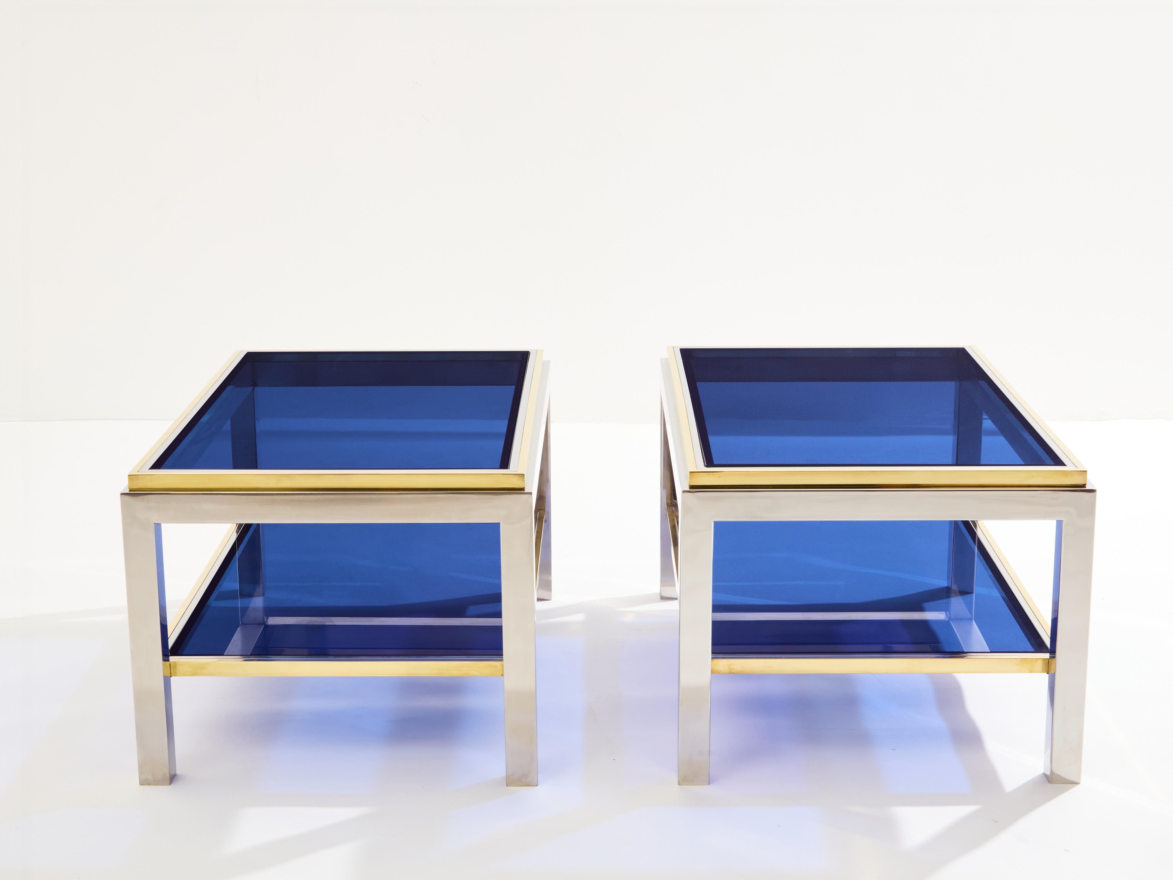 Paire de tables d'appoint à deux niveaux en laiton et chrome Willy Rizzo Flaminia 1970 Bon état - En vente à Paris, IDF
